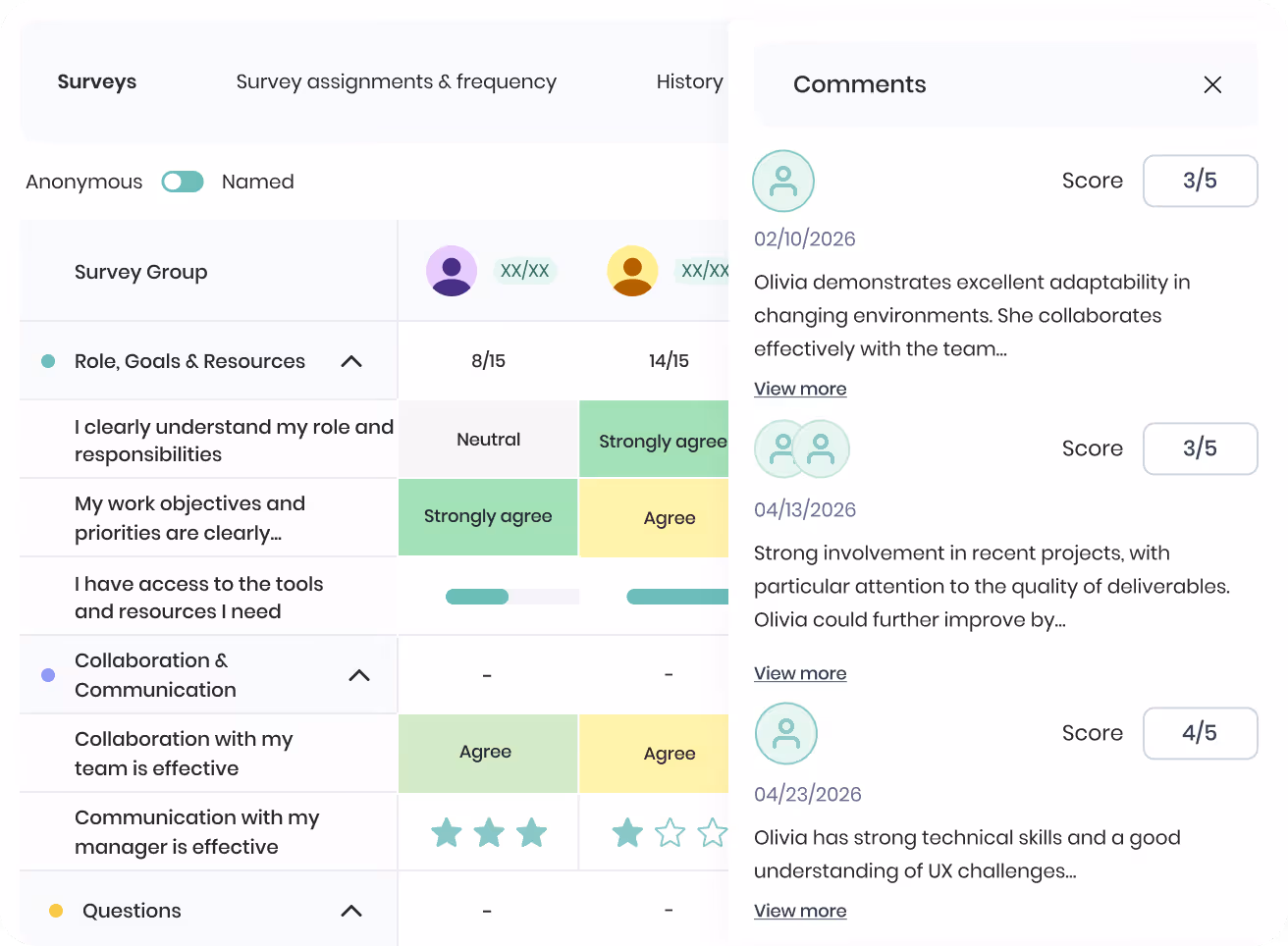 Interface de gestion d'emploi affichant le parcours professionnel, les salaires et avantages avec postes d'employé junior et intermédiaire, dates, et options pour visualiser ou ajouter.