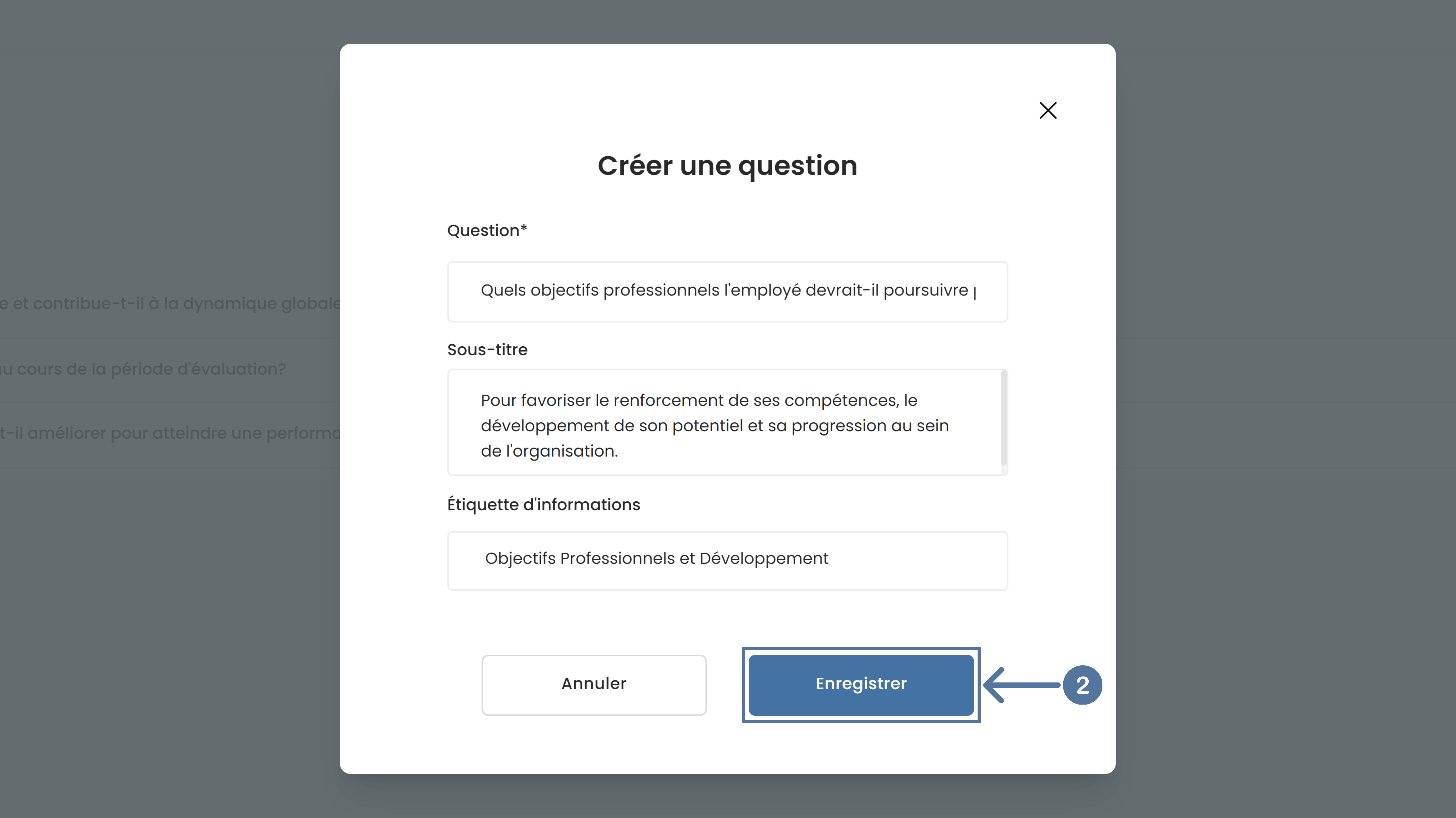 Fiche d'une question pour l'évalution d'un employé dans SIRH Altee