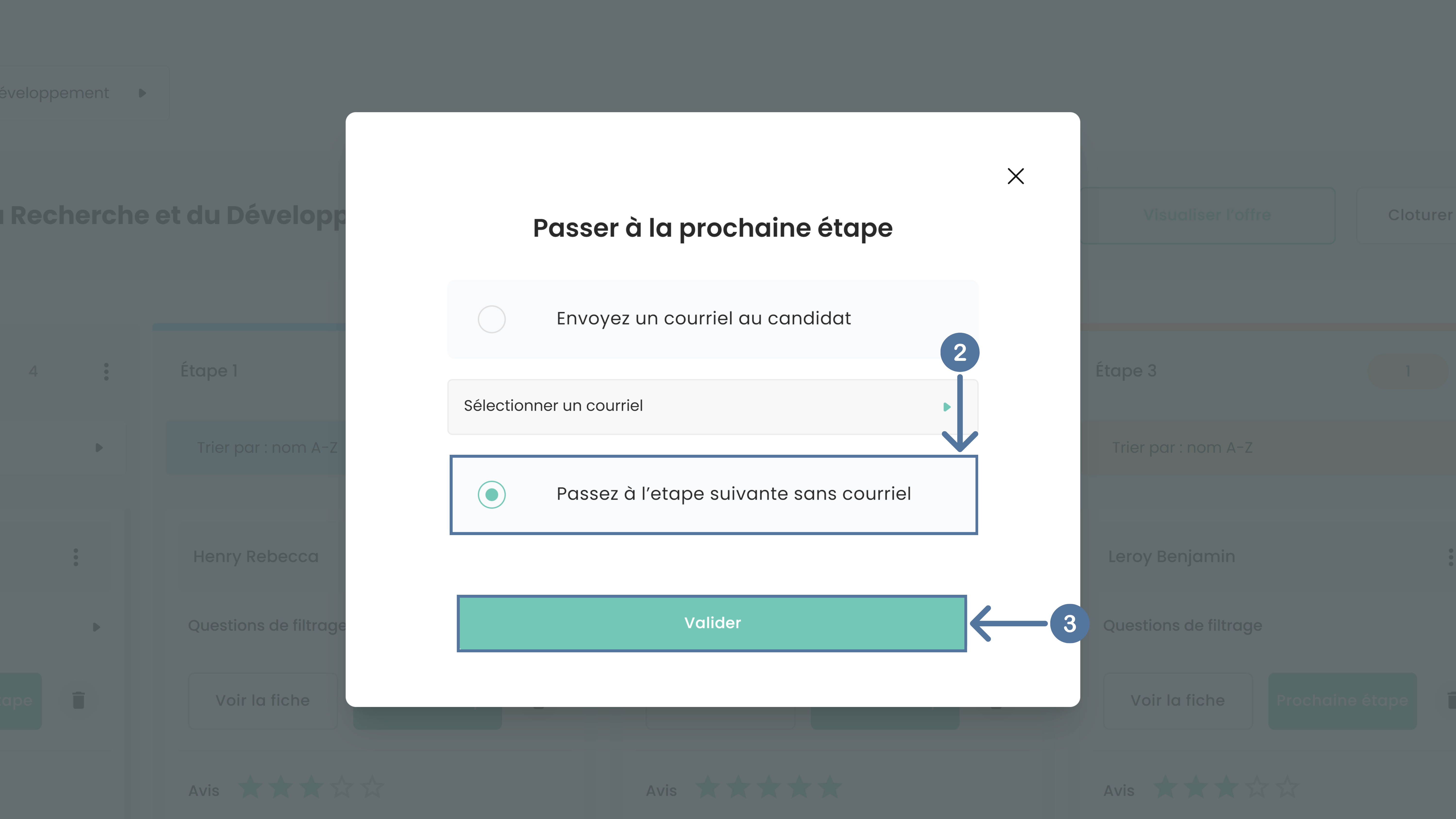 Envoyer ou non un courriel à un candidat passant à la prochaine étape de recrutement