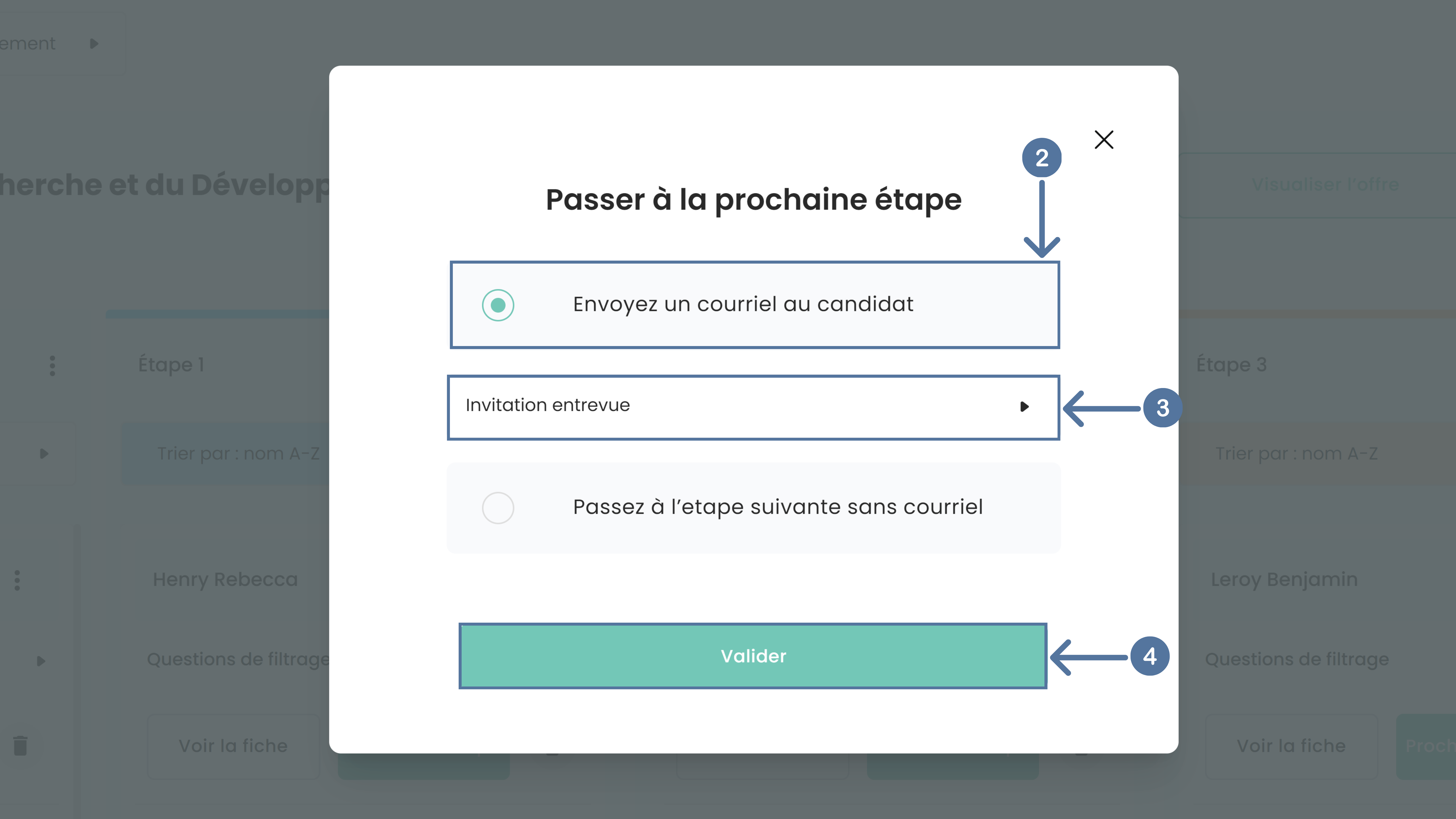 Passer un candidat à la prochaine étape dans le pipeline de l'ATS d'Altee