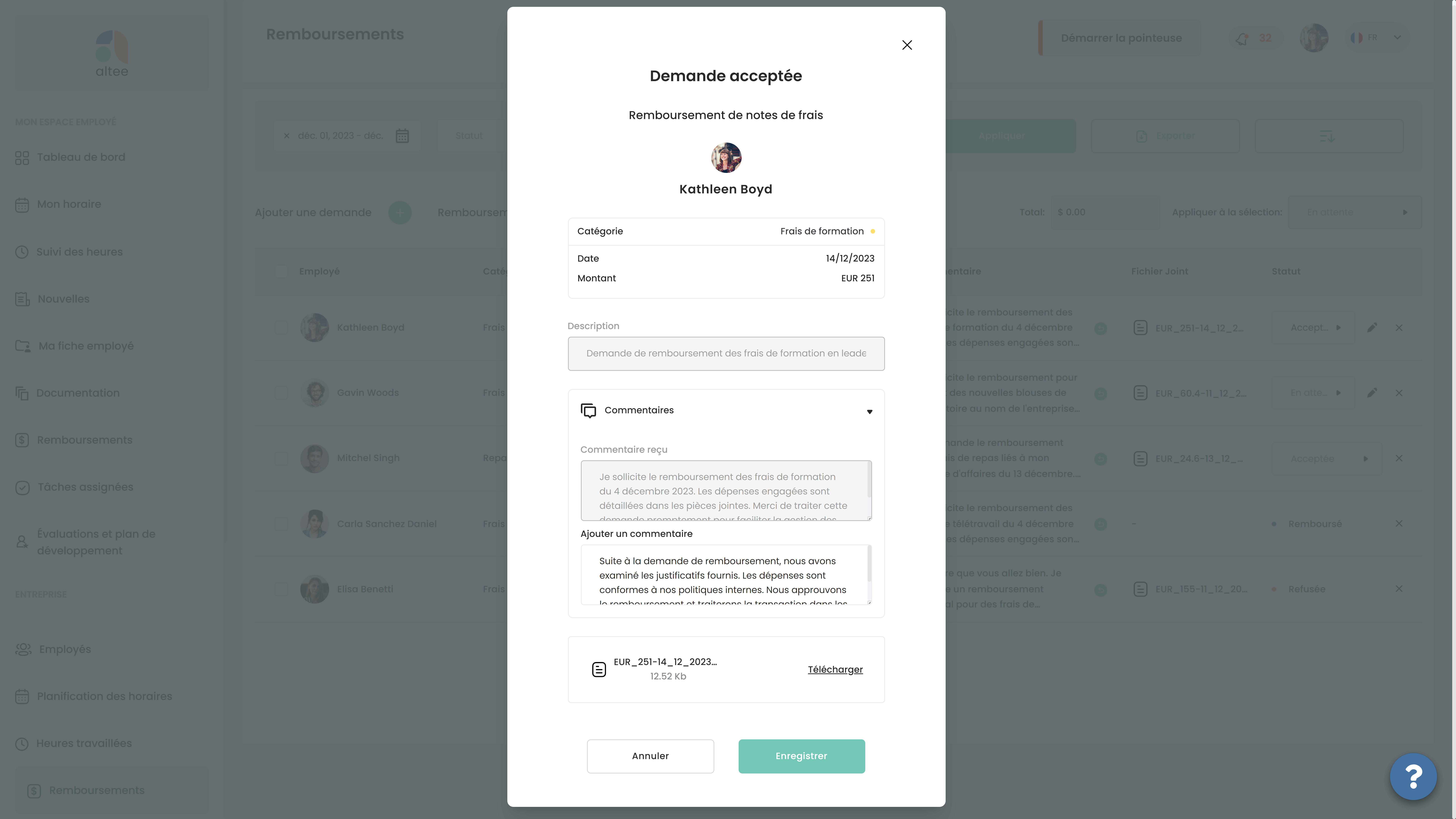 Ajouter un commentaire dans les demandes de remboursements des employés dans SIRH Altee