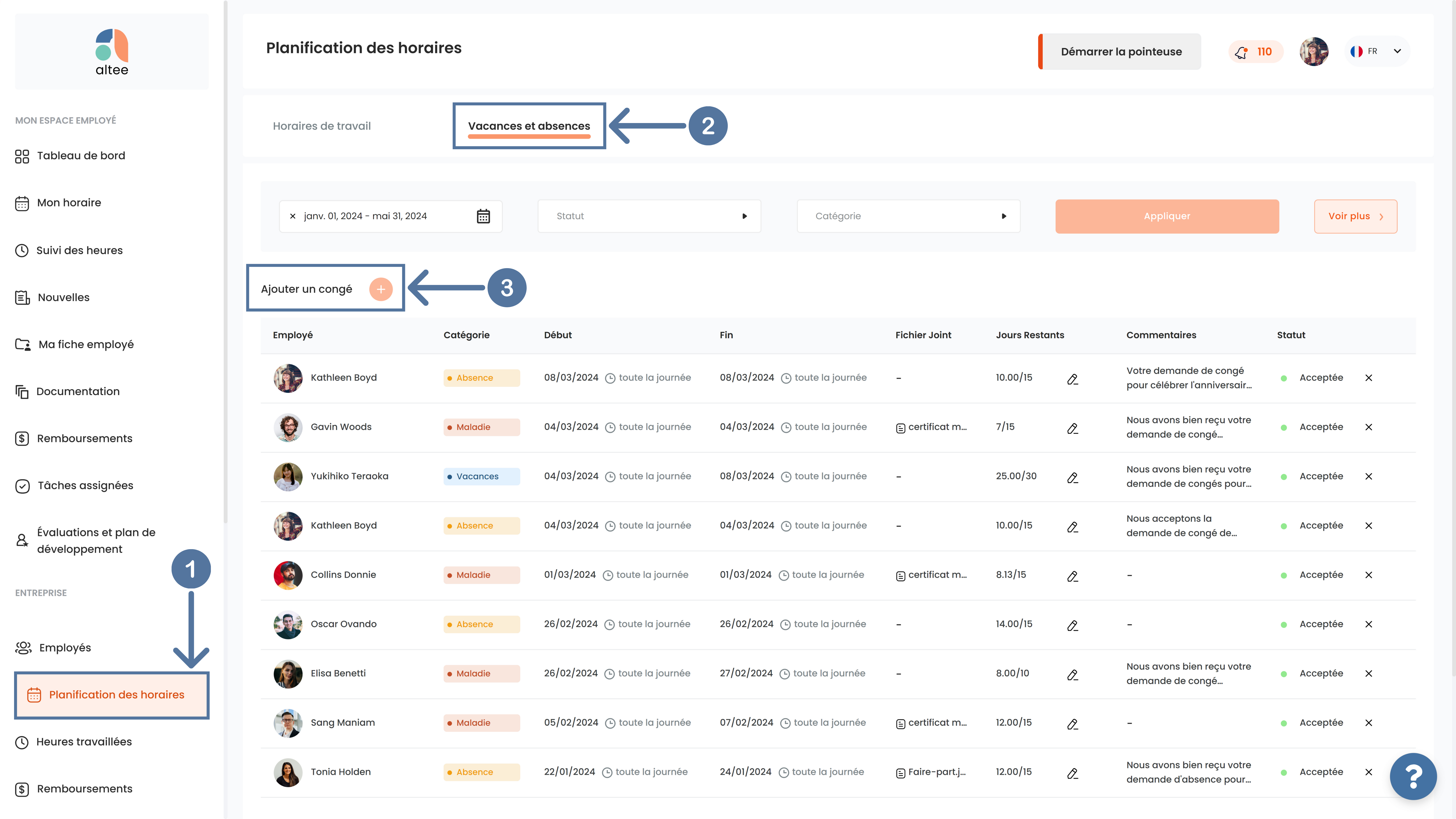 Module Planification des horaires, vacances et absences dans SIRH Altee