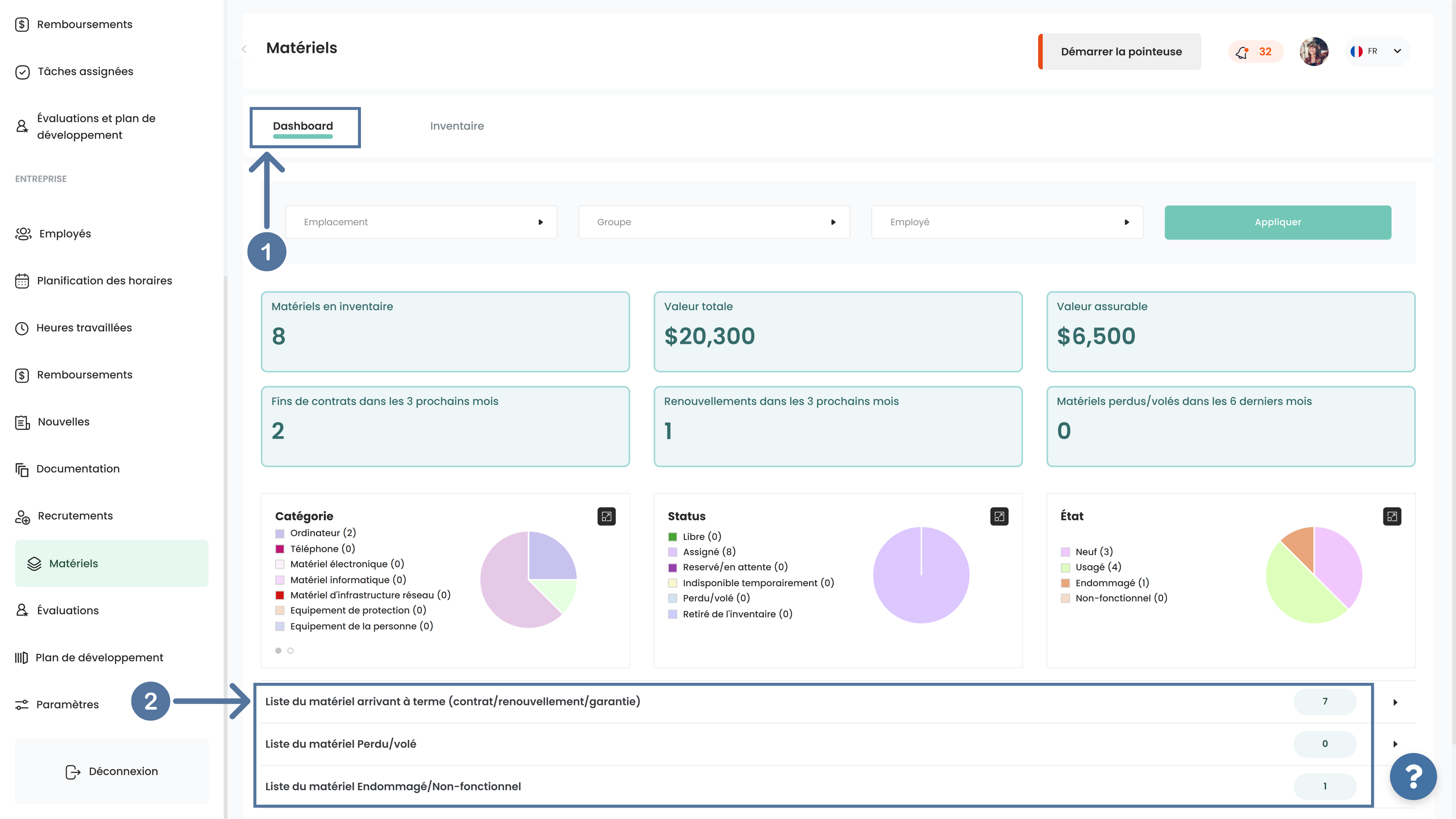 Dashboard de l'inventaire de matériels dans SIRH Altee