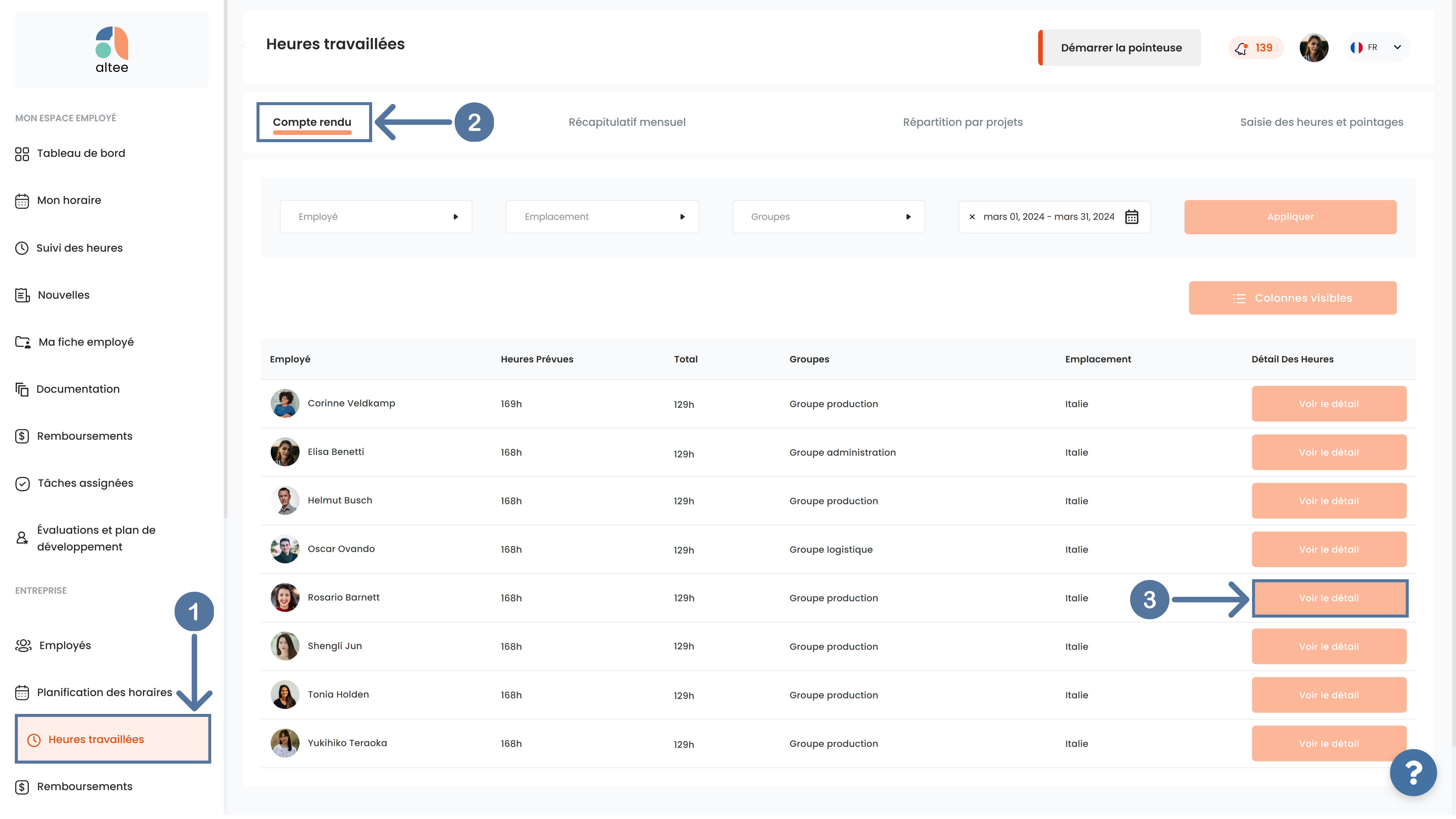 Compte rendu dans le module Heures travaillées dans SIRH Altee
