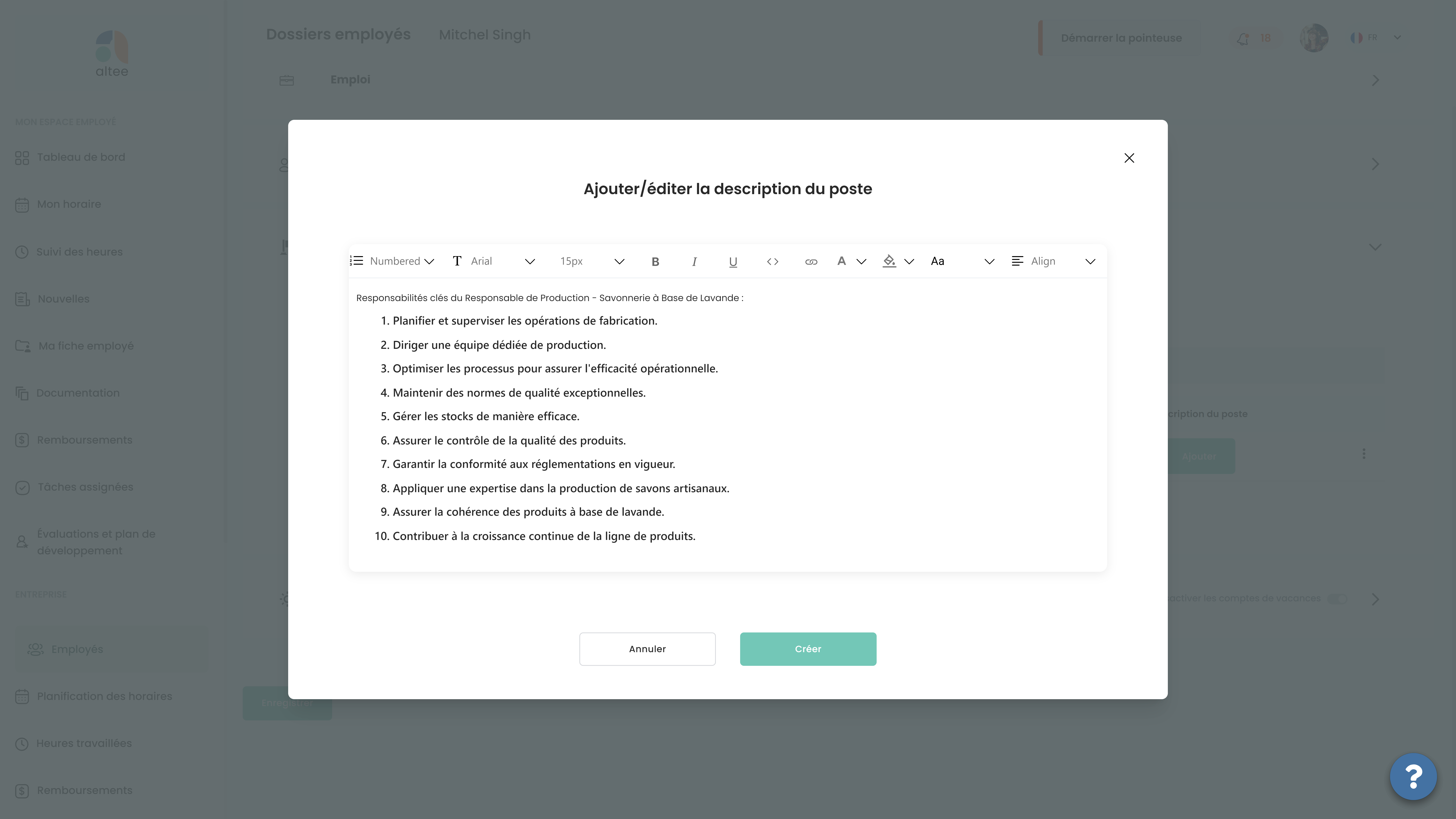 Ajouter ou éditer la description du poste dans le parcours d'un employé