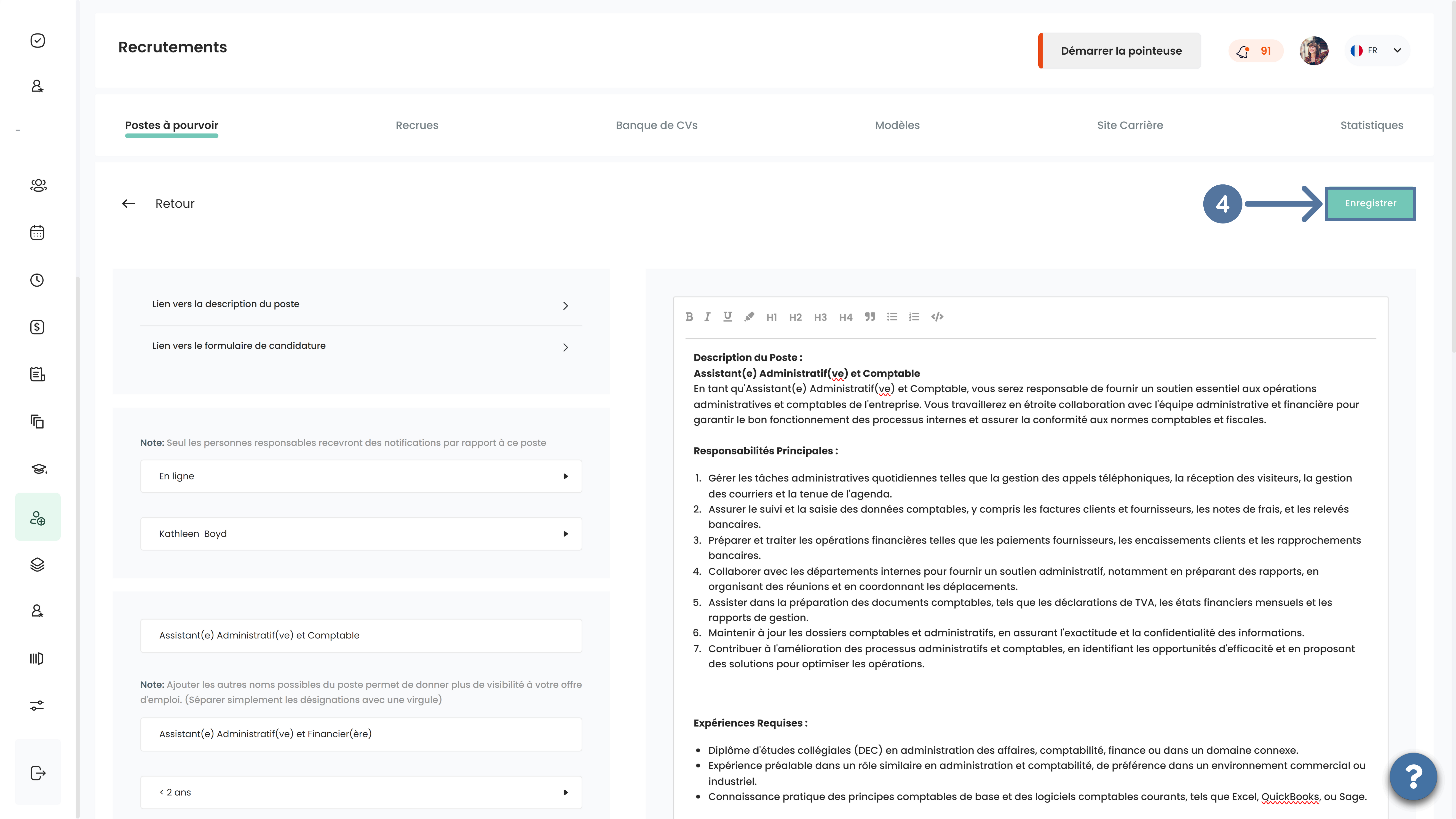 Remplir la description d'un poste à pourvoir dans ATS Altee