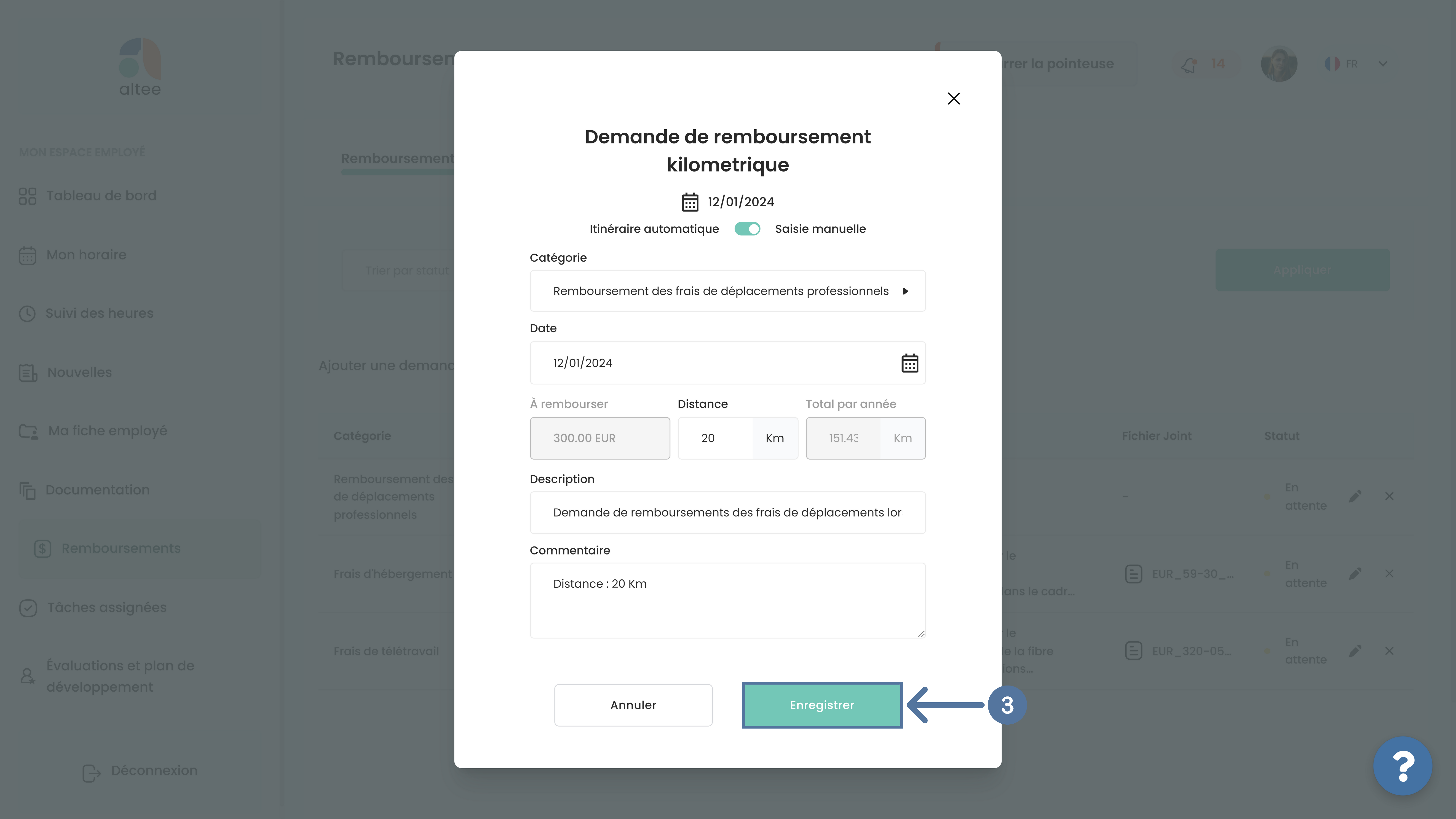 Détails d'une demande de remboursement kilométrique dans SIRH Altee