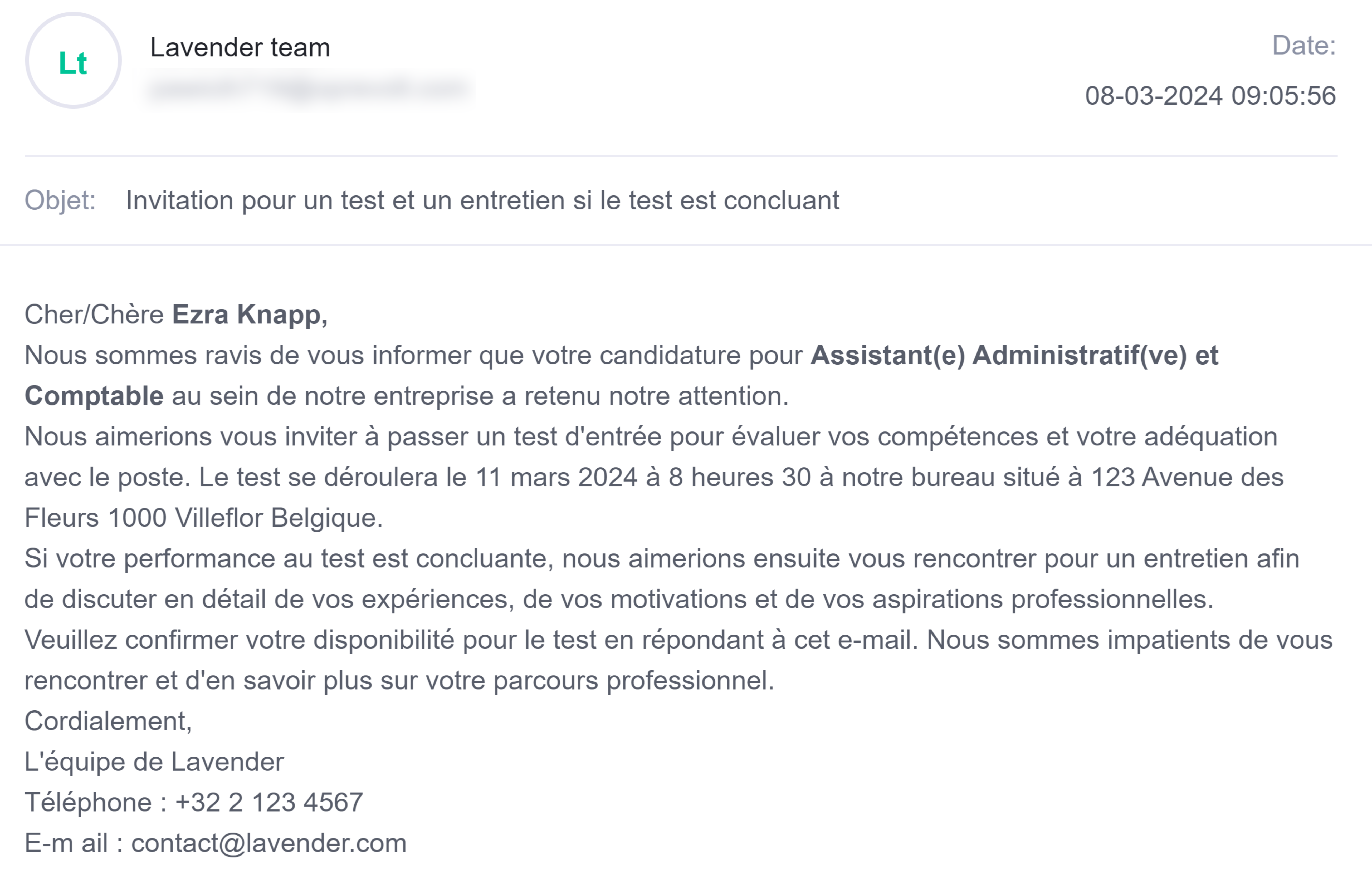 Exemple de modèle de courriel dans ATS d'Altee