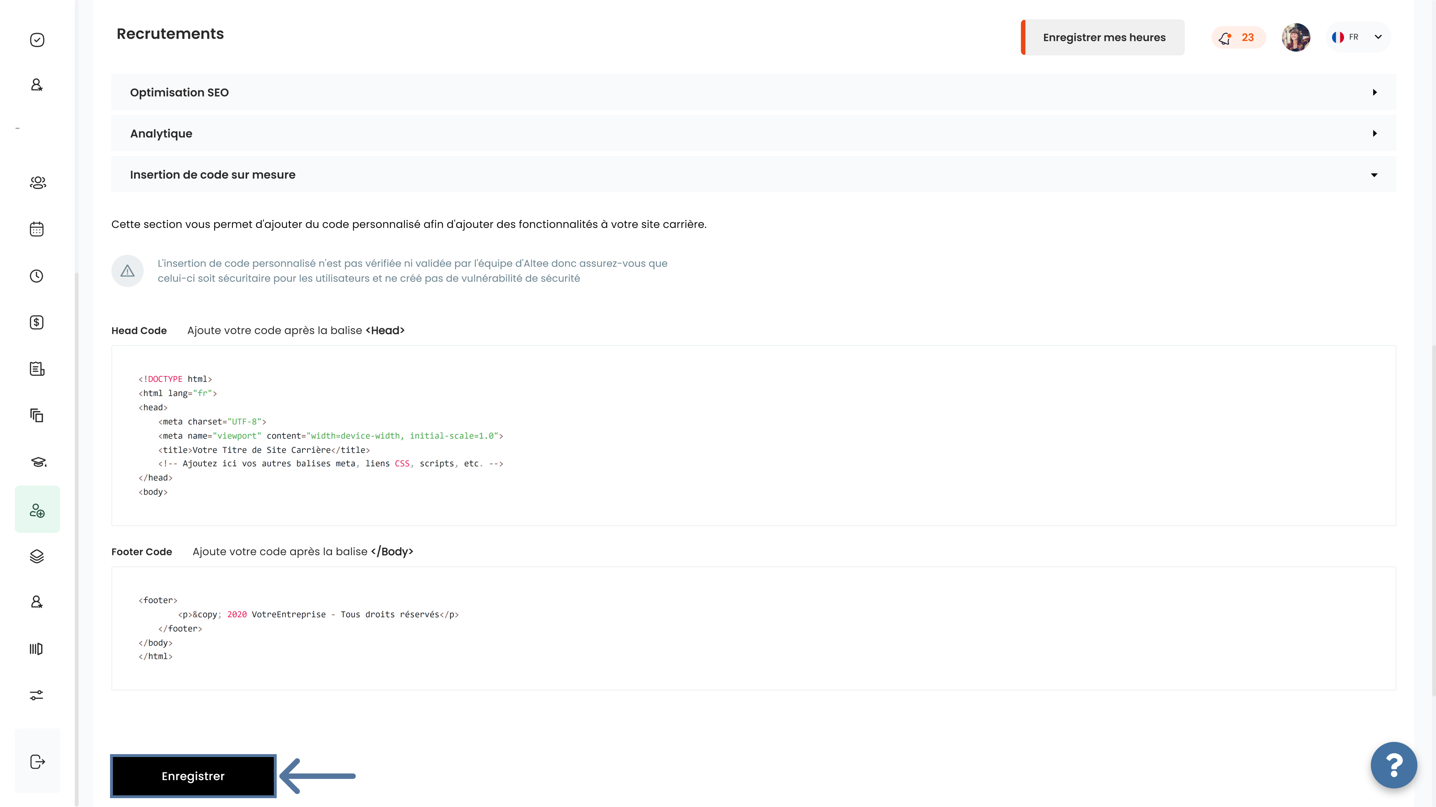 Insertion d'un code sur mesure du site carrière avec ATS Altee
