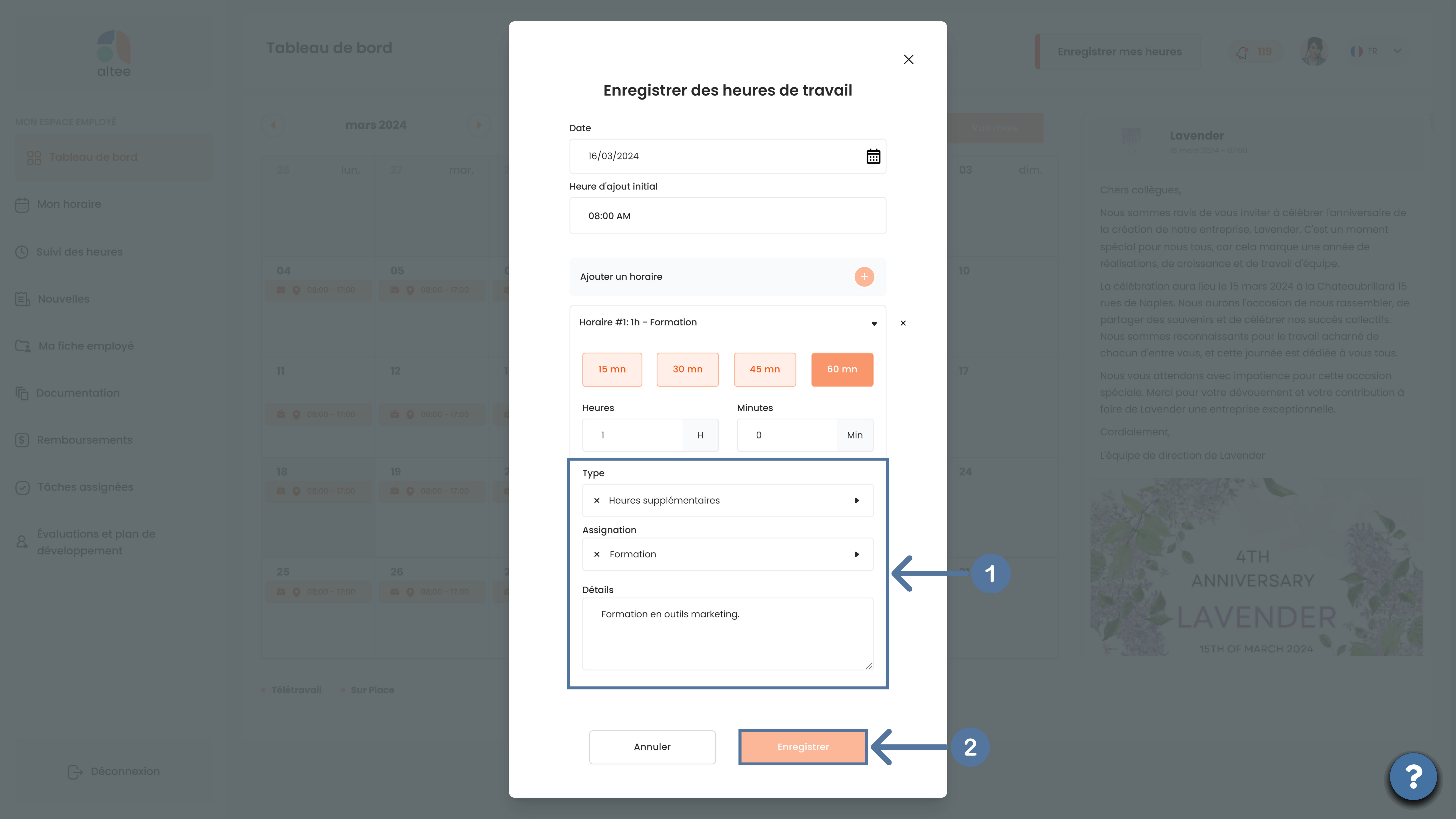 Enregistrer ses heures avec détails dans SIRH Altee