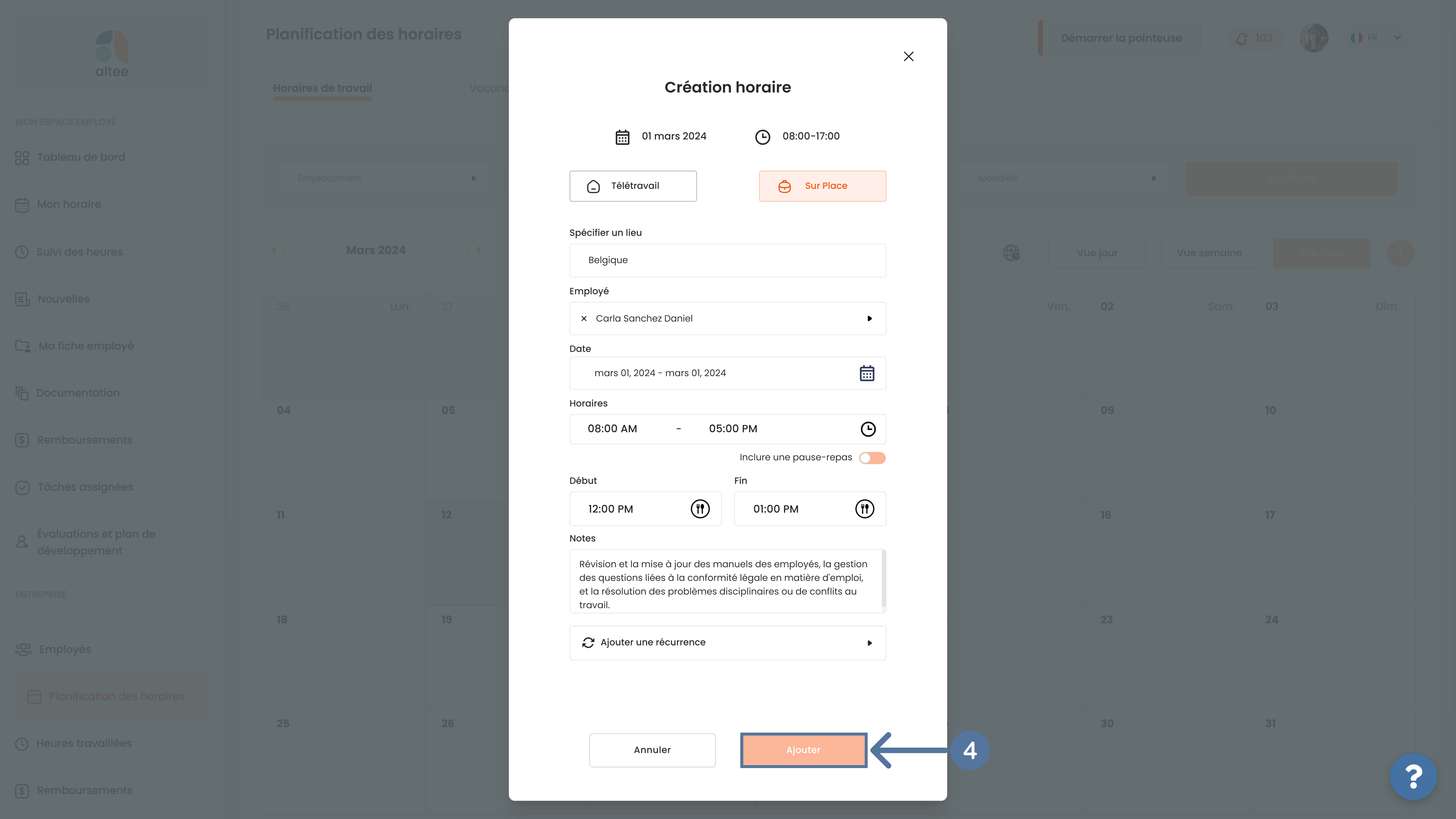 Création d'un horaire dans SIRH Altee