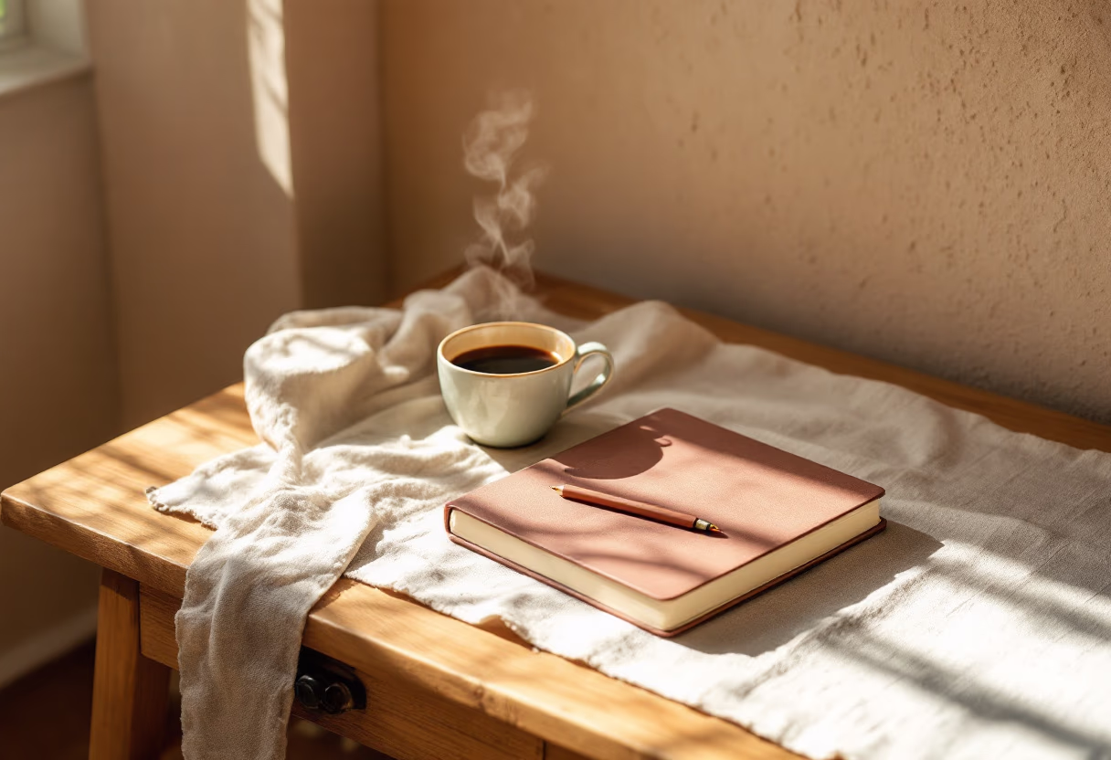 image of a notebook and coffee cup on a table (for a productivity tools business)