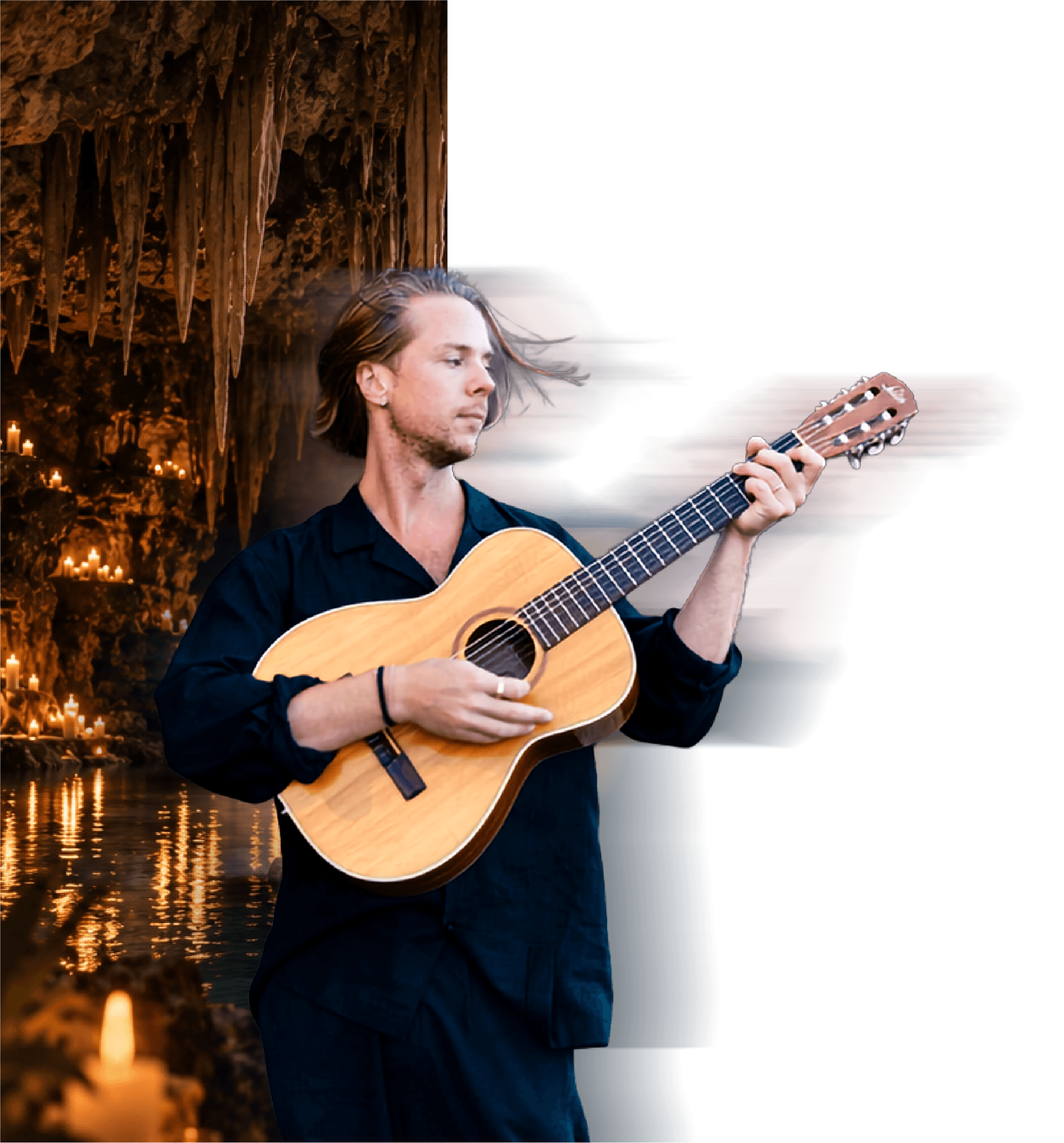 Simon Glöde tocando la guitarra dentro de un cenote iluminado con velas