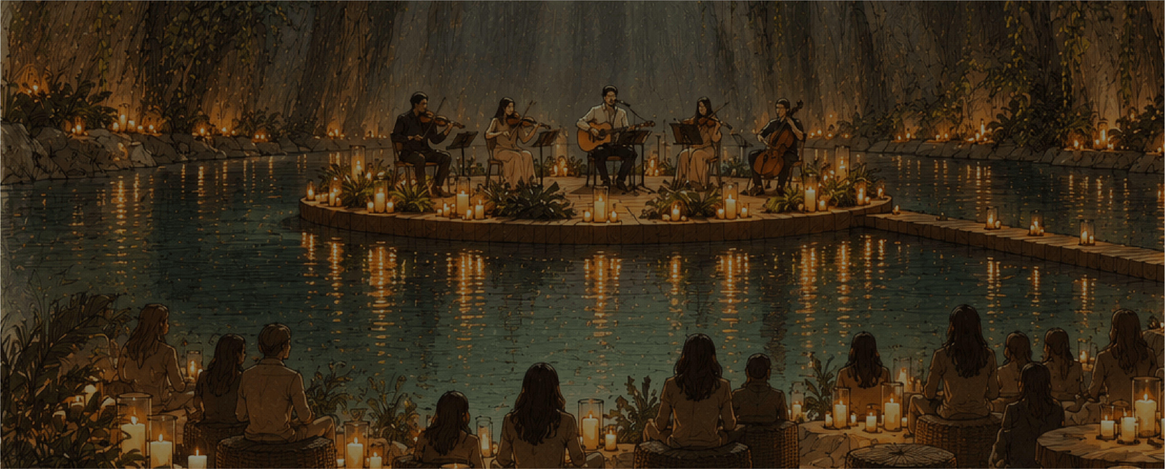 Cuarteto tocando al centro de un cenote rodeado de velas y público