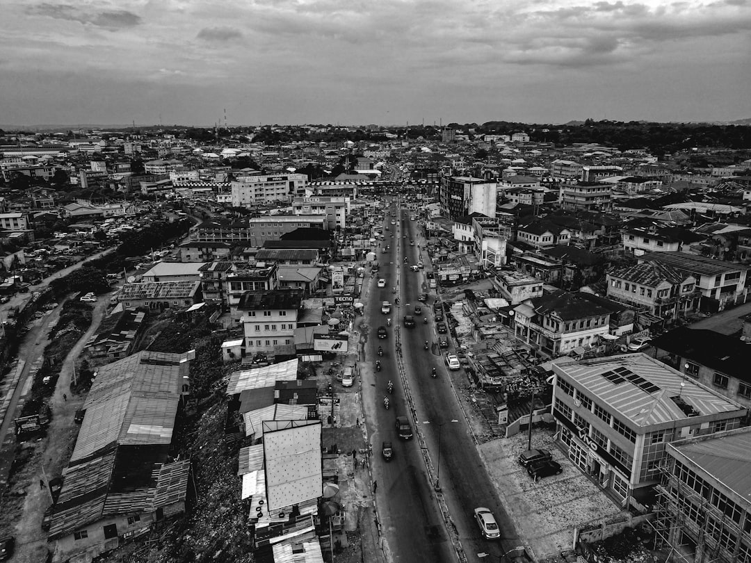 Aerial view of Ibadan city, Nigeria showing residential buildings and green landscape