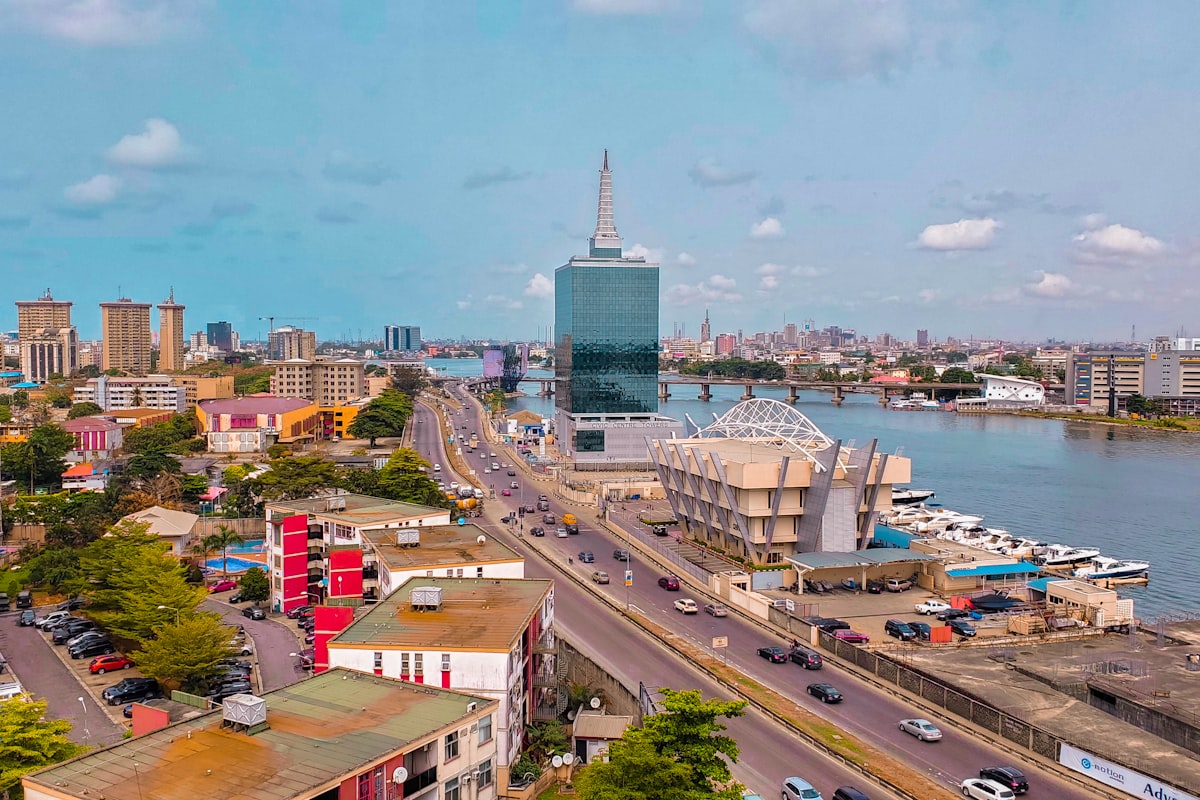 Aerial view of developing urban landscape in Nigeria showing infrastructure and real estate growth