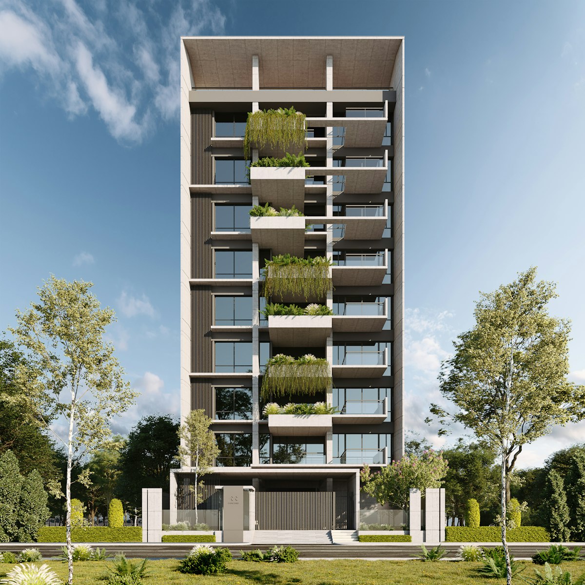 Modern apartment building with balconies and greenery in a residential neighbourhood