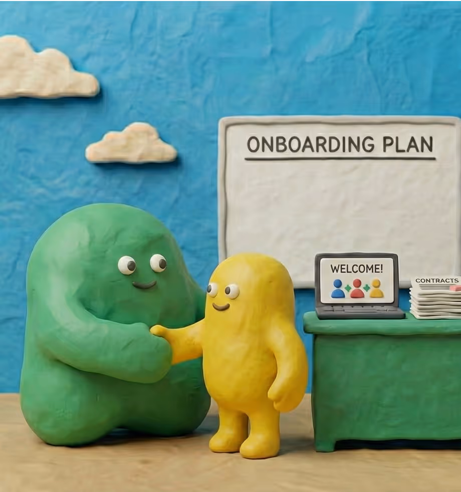 Green and yellow clay figures shaking hands in front of a whiteboard labeled 'ONBOARDING PLAN' with a laptop displaying 'WELCOME!' and a stack of contracts on a green desk.