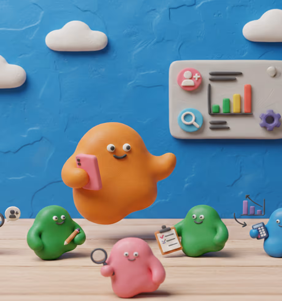 Colorful clay figures with smiling faces, one orange holding a pink phone, others holding a magnifying glass, pencil, clipboard, and calculator, against a blue sky with white clouds and a chart interface.