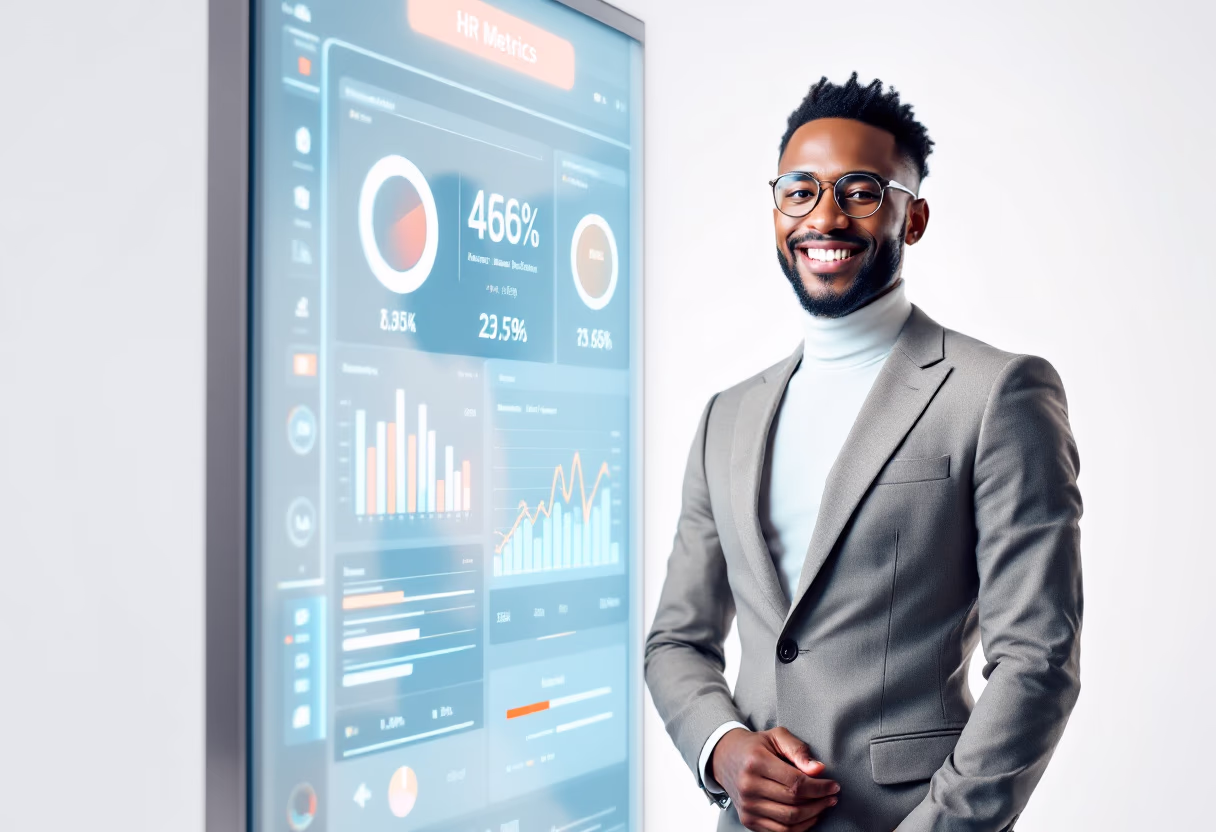 image of business professional reviewing analytics (for a hr tech)