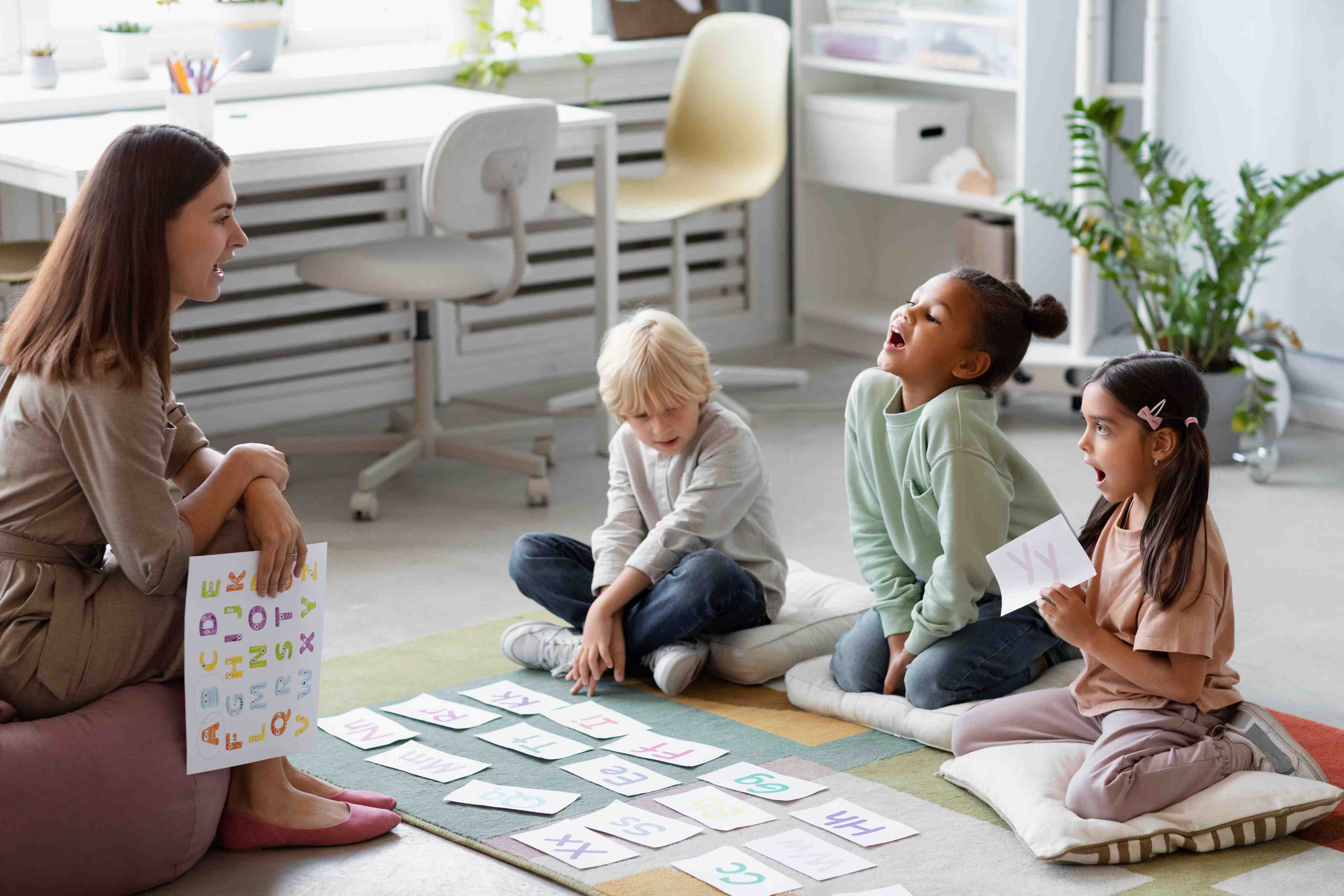 Teacher sitting on a cushion holding a colorful alphabet chart, engaging three children kneeling on cushions who are reading and holding alphabet flashcards in a bright classroom.