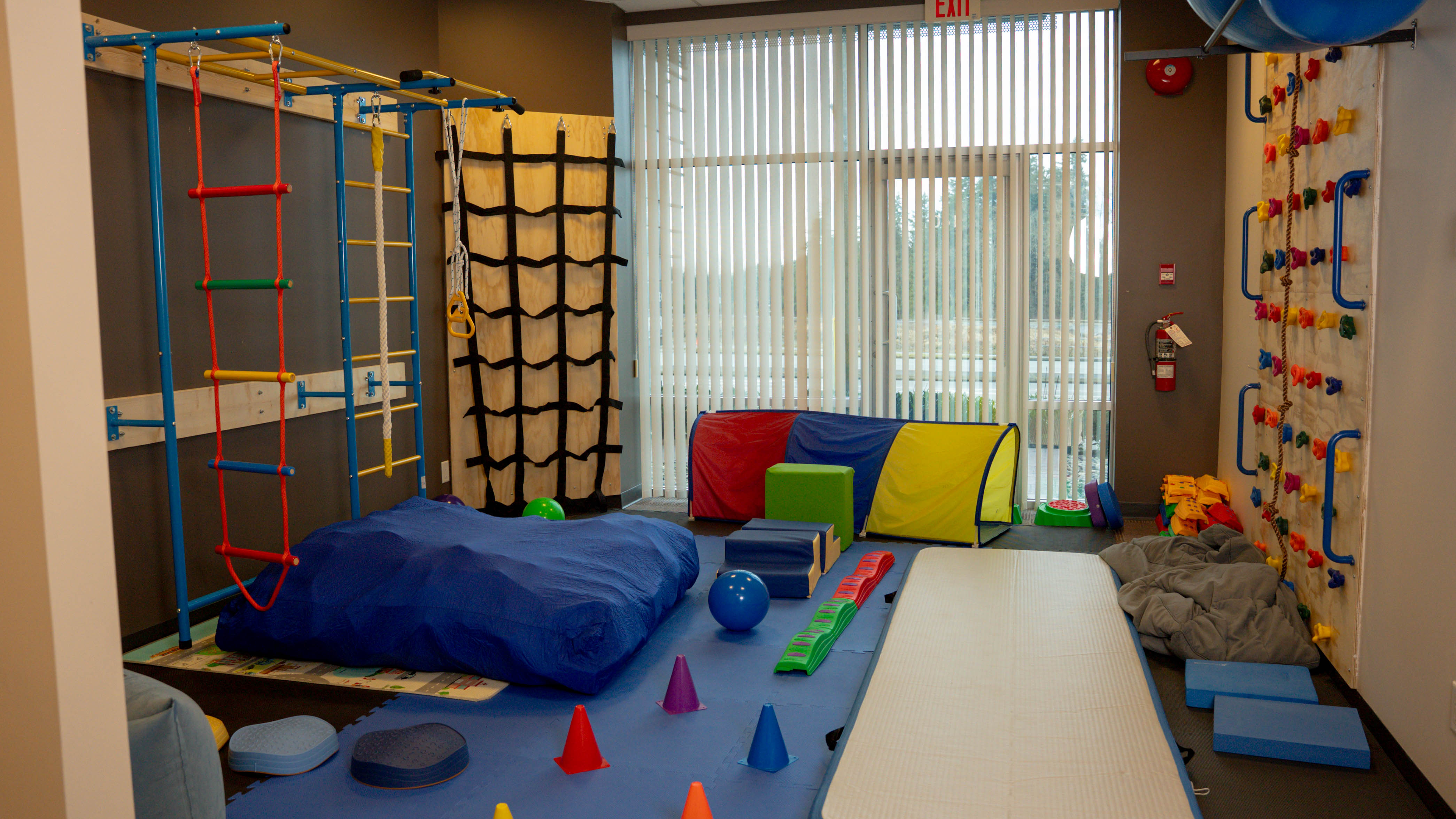 Indoor children's therapy room with climbing wall, colorful play tunnel, blue mats, balance steps, cones, and hanging ropes.