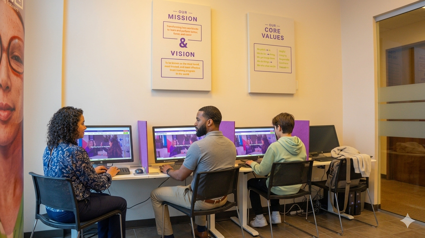 Three people sitting in an office using desktop computers with mission and core values posters on the wall above.