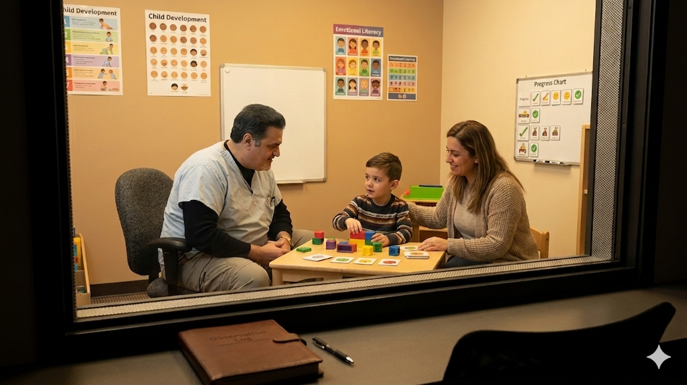 Child engaged in a developmental play session with a male therapist and a female caregiver in a classroom with educational posters on the walls.