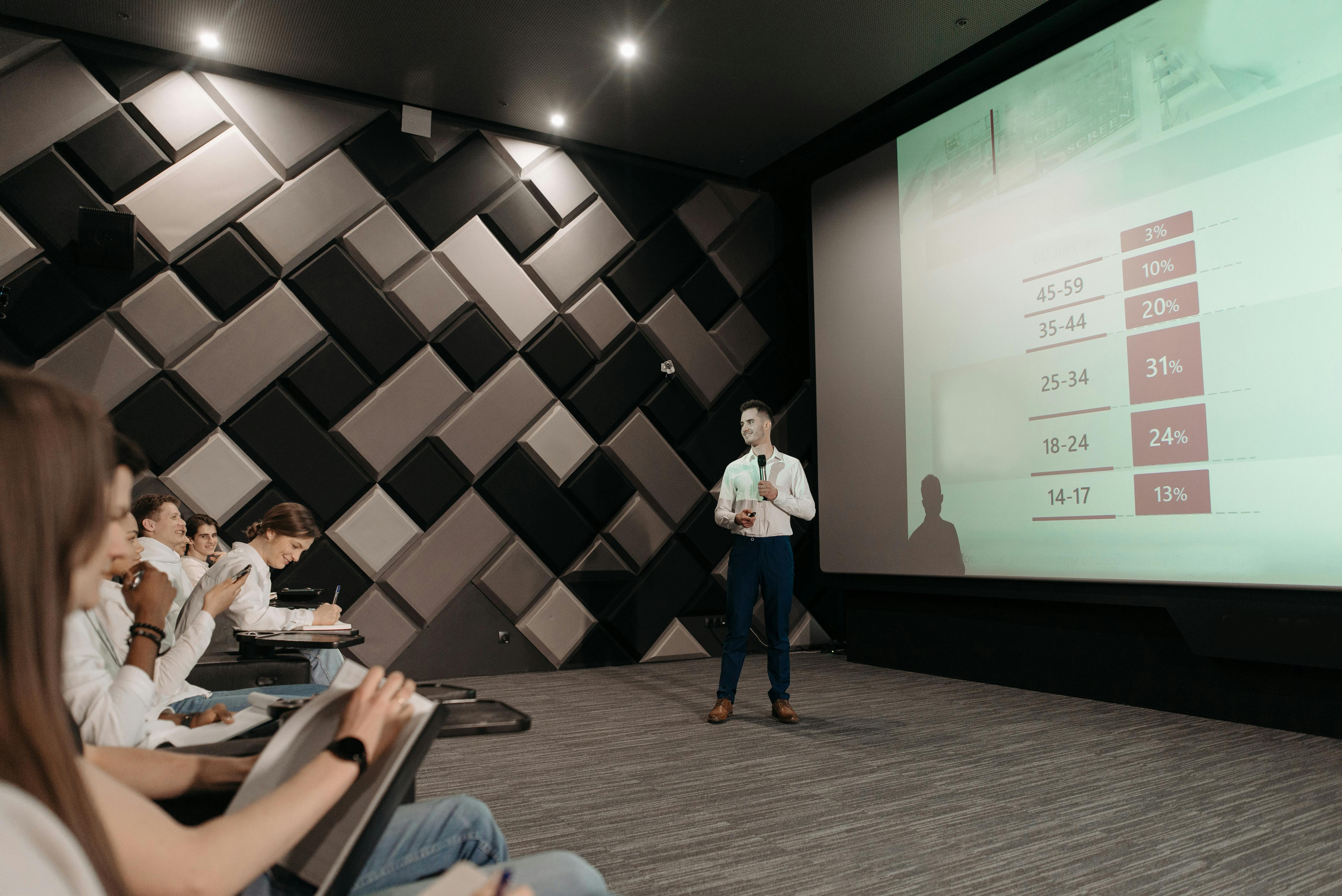 Man in white shirt giving a presentation on age group statistics to an audience seated in a modern conference room.