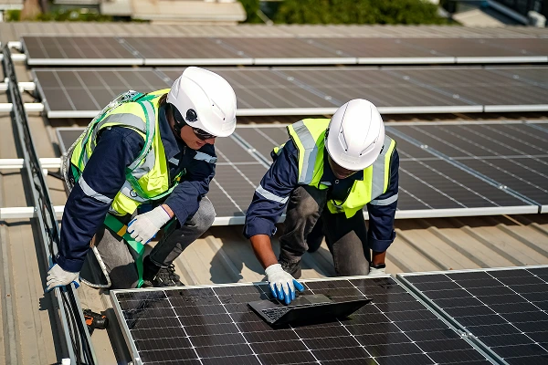 Dos trabajadores con cascos blancos y chalecos de seguridad instalando paneles solares en un techo mientras usan un ordenador portátil.