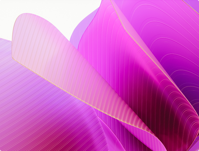 Abstract digital artwork featuring curved, layered shapes in shades of pink and purple with thin gold lines.