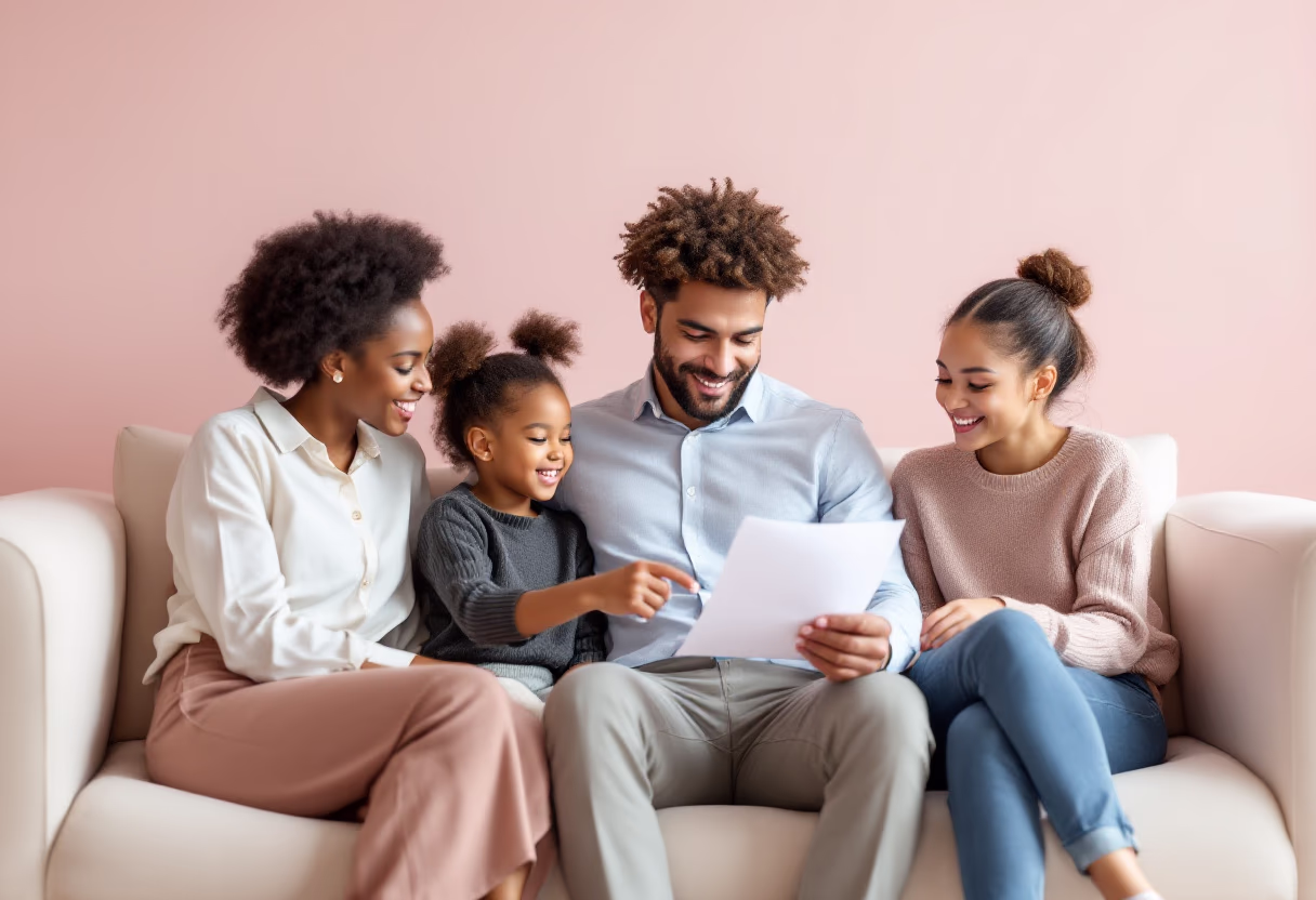 image of a family looking at insurance policy