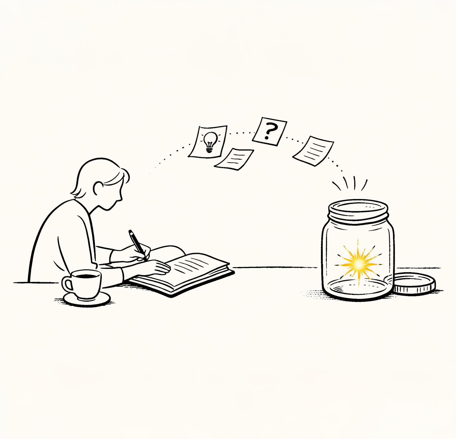 Line illustration of two people seated at a table talking, with an open window behind them showing a sunset over water.