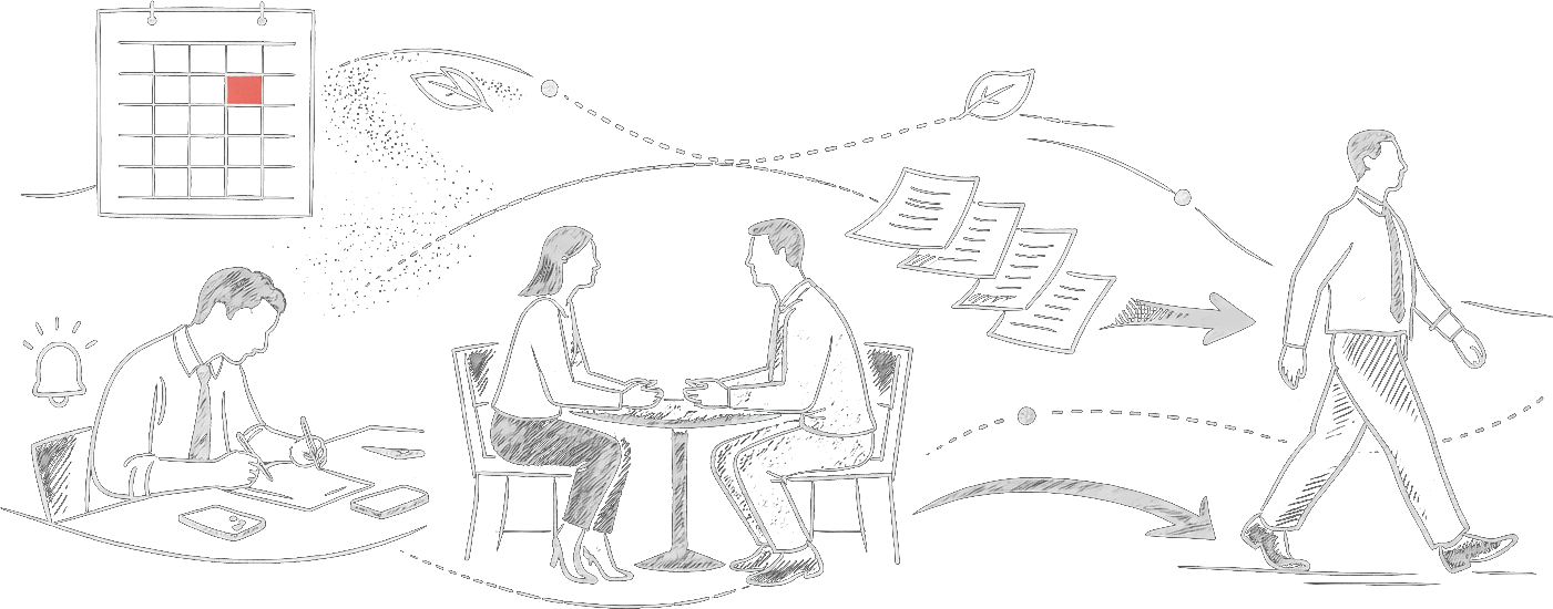 Illustration of a workflow from note-taking to conversation to forward movement, representing a continuous reflection process