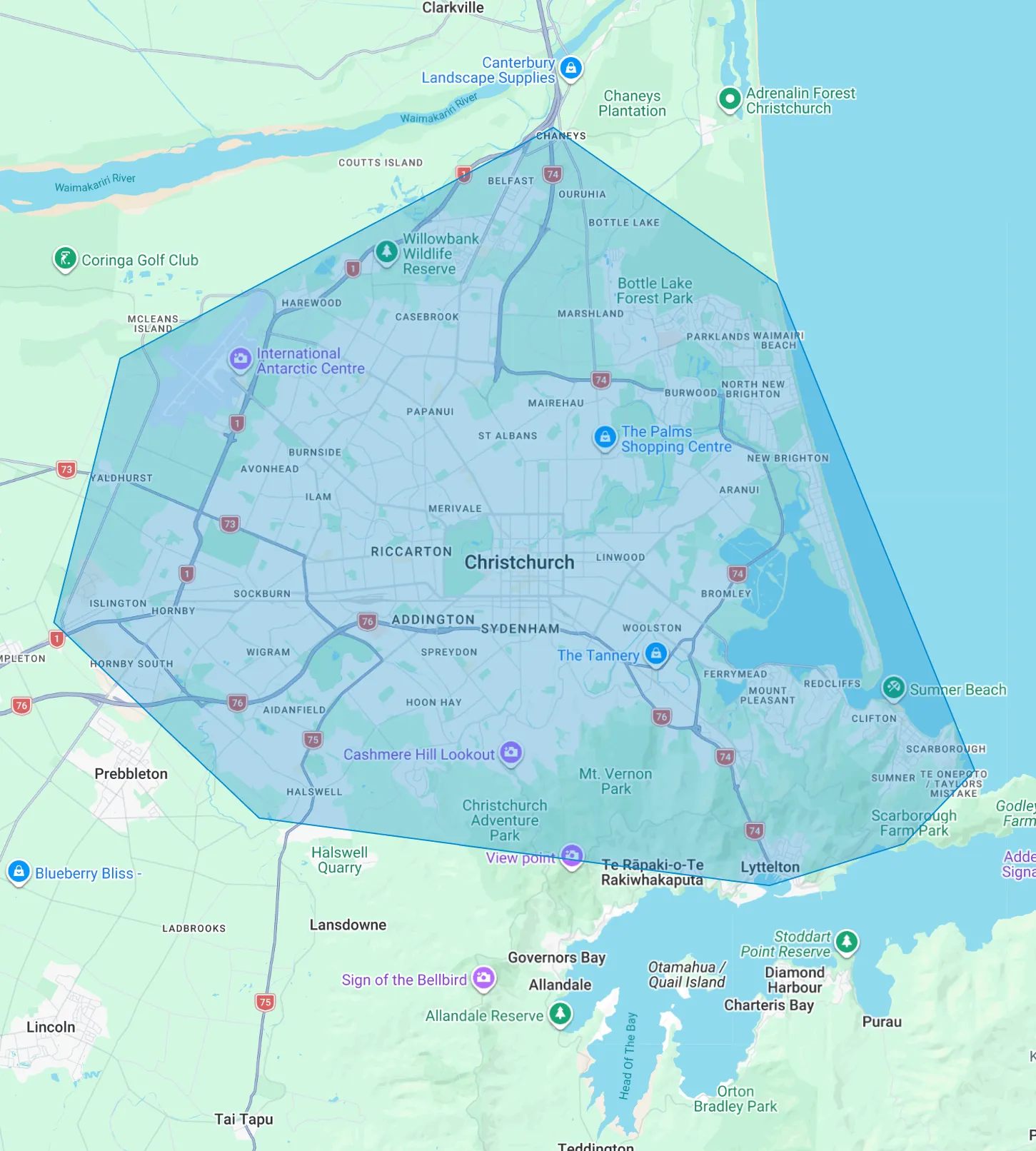 Map highlighting the Christchurch area in New Zealand, showing neighborhoods, parks, landmarks, and surrounding regions including Riccarton, Addington, Lyttelton, and Sumner Beach.