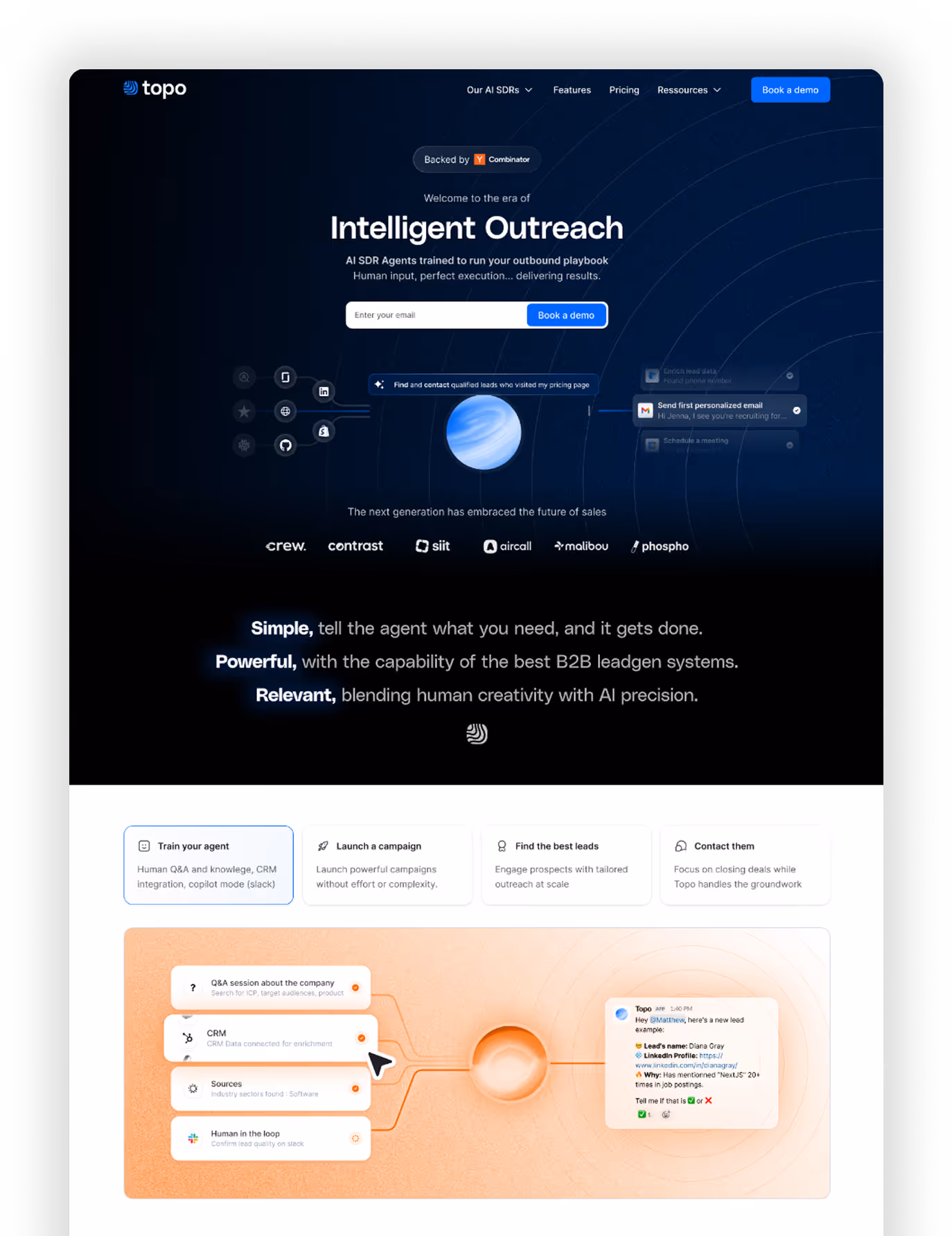 Topo homepage showcasing AI-powered outbound sales outreach with email input form, campaign steps, and client logos.