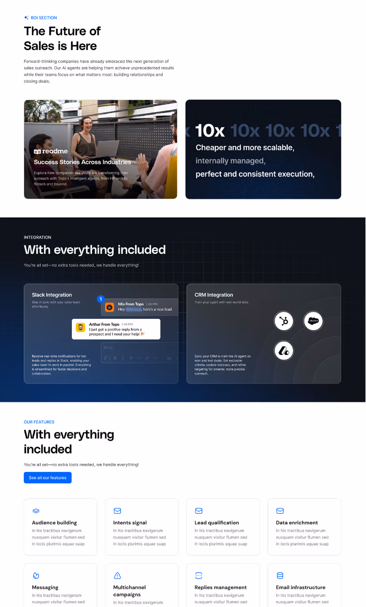 Webpage showcasing sales AI agents with sections on success stories, Slack and CRM integration, various sales features, and a FAQ about CRM integration.