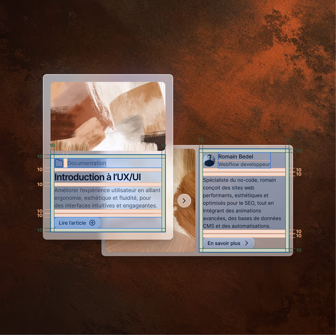 Two overlapping design cards on a rust-colored textured background; left card titled 'Introduction à l’UX/UI' with abstract art and a 'Lire l’article' button, right card featuring a profile photo and text about Romain Bedel, a Webflow developer, with an 'En savoir plus' button.