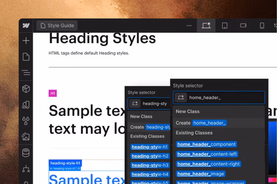 Screenshot of a style guide interface showing HTML heading styles and a style selector with class names for headings and home header components.
