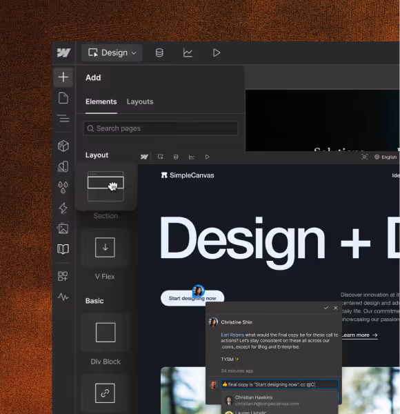 Screenshot of a design software interface showing layout options and a chat message discussing final copy for a call to action.