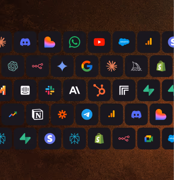 Grid of colorful app and platform icons including Discord, WhatsApp, YouTube, Salesforce, Google, Shopify, Slack, HubSpot, Notion, Telegram, and OpenAI on a textured dark background.