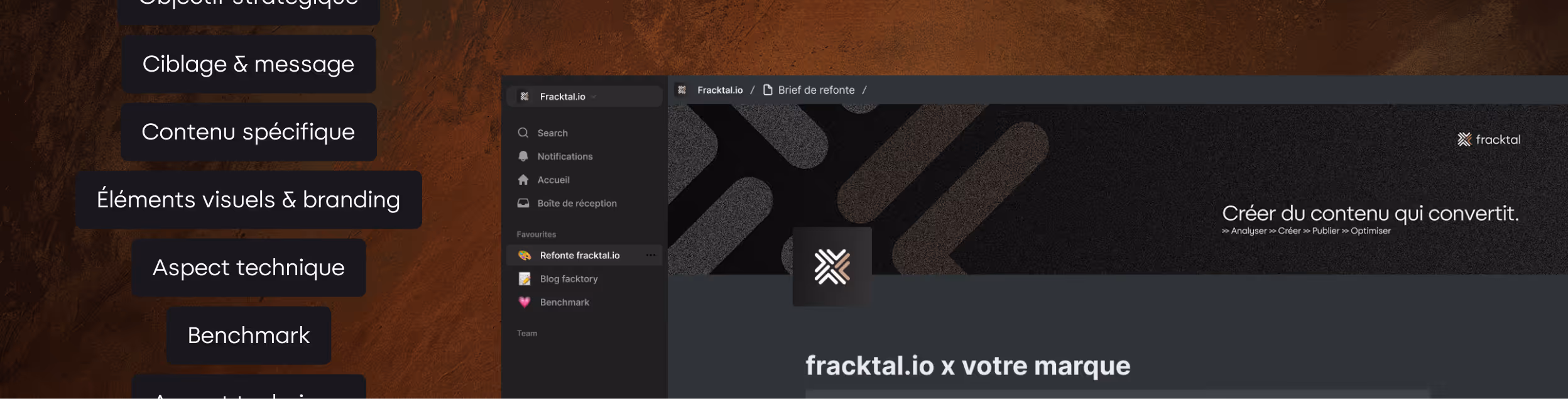 Screenshot of a Fracktal.io interface showing a sidebar with menu options and a content area with the text 'Créer du contenu qui convertit' and 'fracktal.io x votre marque'.