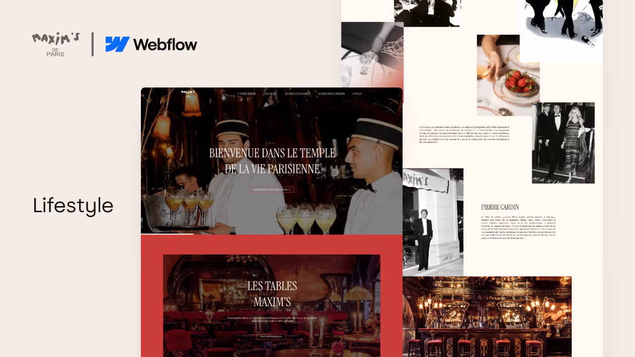Création de site web Webflow pour Maxim's de Paris - expérience lifestyle haut de gamme avec hero immersif, galerie photo et section restaurant