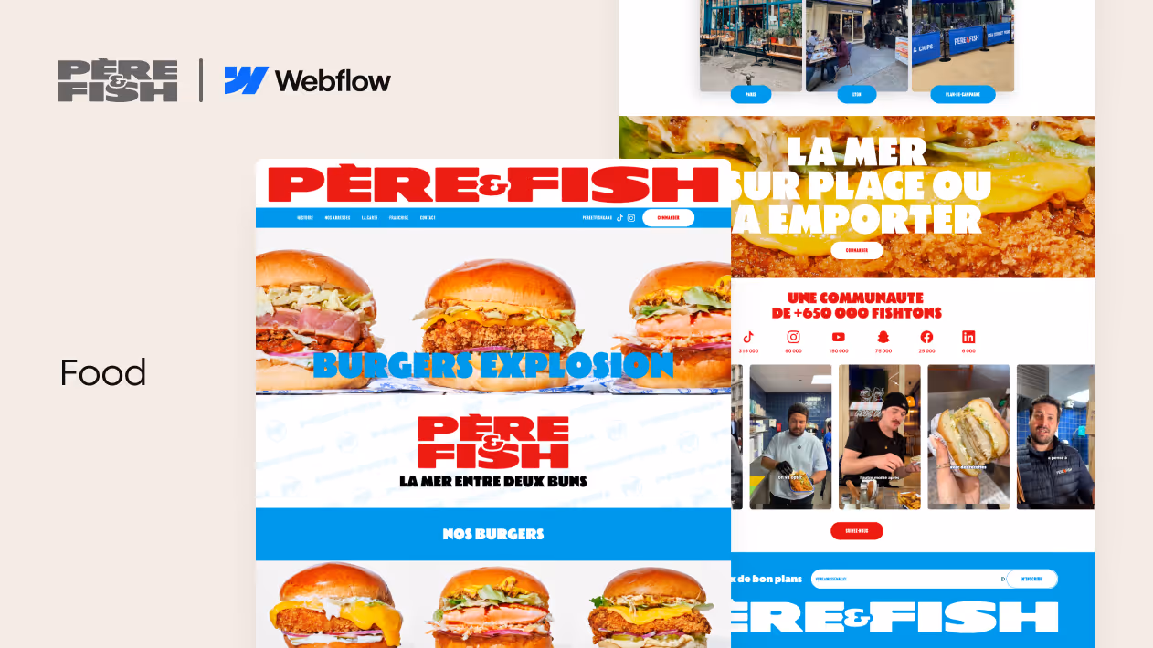 Création de site web Webflow pour Père & Fish - restaurant burgers avec identité visuelle forte, mise en avant des produits et intégration réseaux sociaux