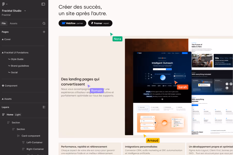 User interface of Fracktal Studio showing a French website design titled 'Créer des succès, un site après l'autre' with labeled pointers on elements named Nora, Romain, Sarah, and Arnaud.