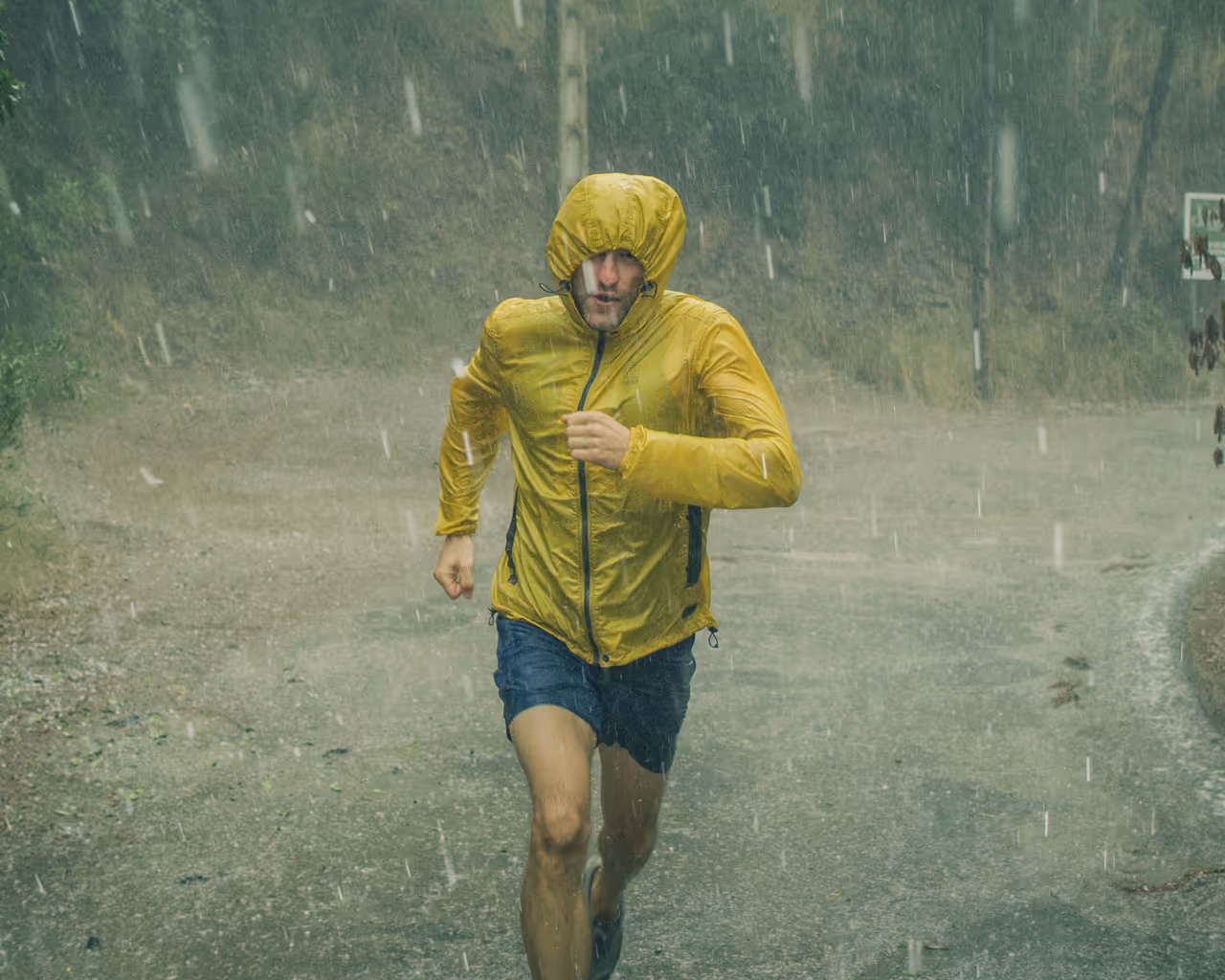 thletic muscular young man in sports outfit is jogging in the street on a rain