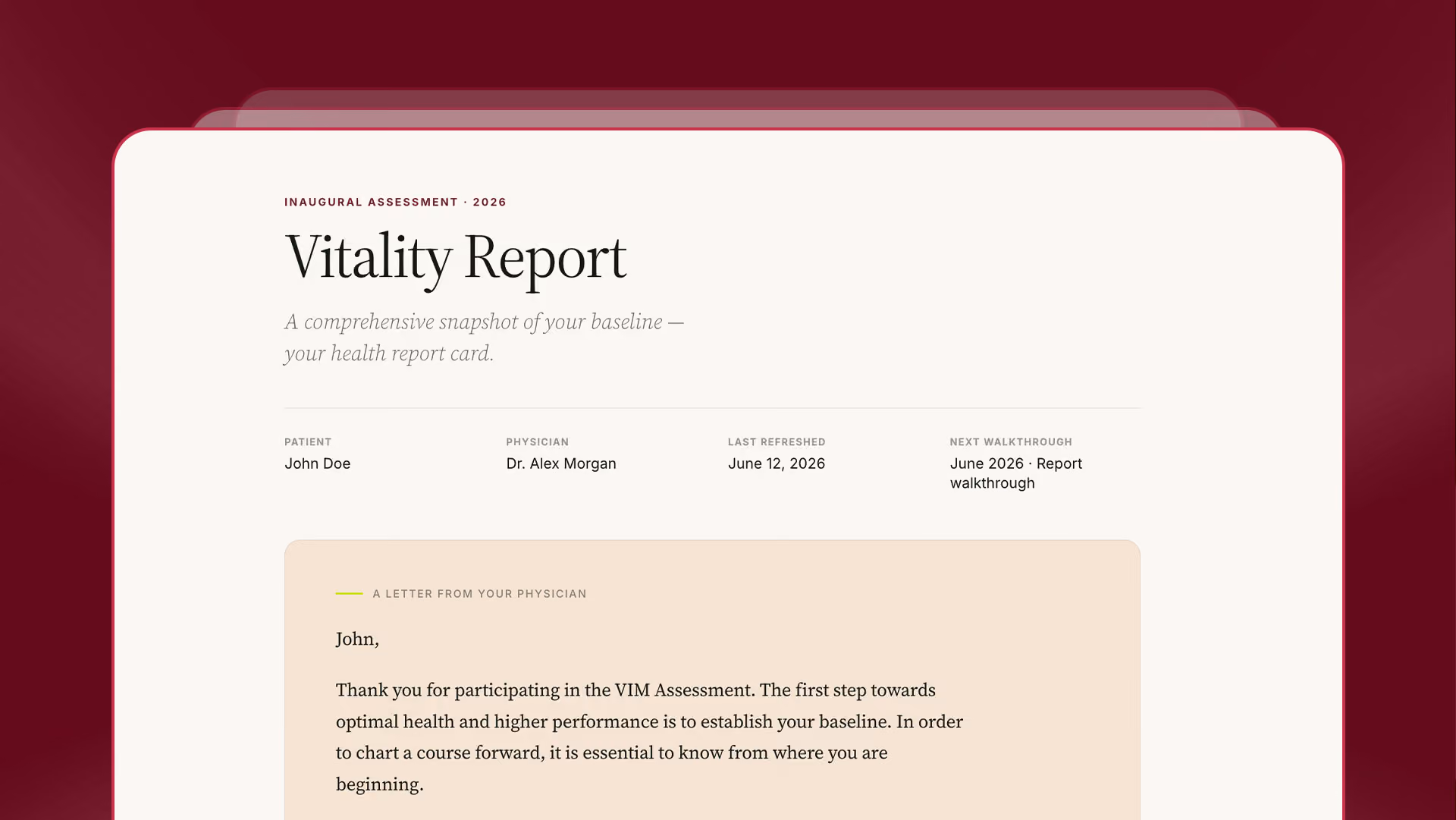 Vitality Report titled 'A comprehensive snapshot of your baseline, your health report card' with patient John Doe.
