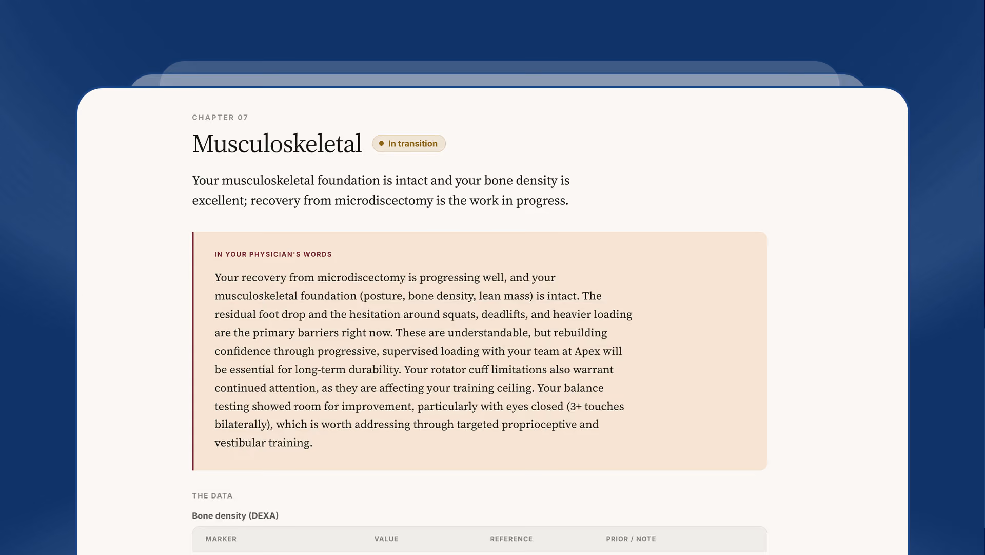 Report titled Musculoskeletal with notes on recovery progress and musculoskeletal foundation status.