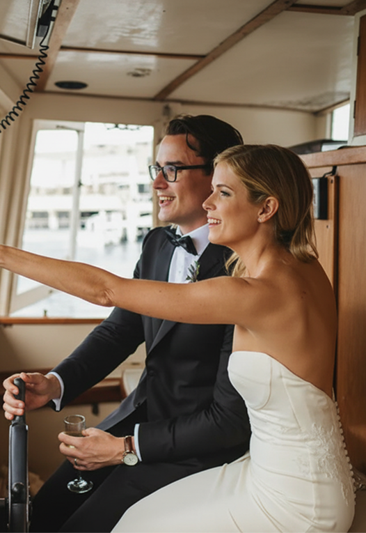 Bride and groom sitting inside a boat, smiling and enjoying the ride with the groom holding the steering wheel and glass of champagne.