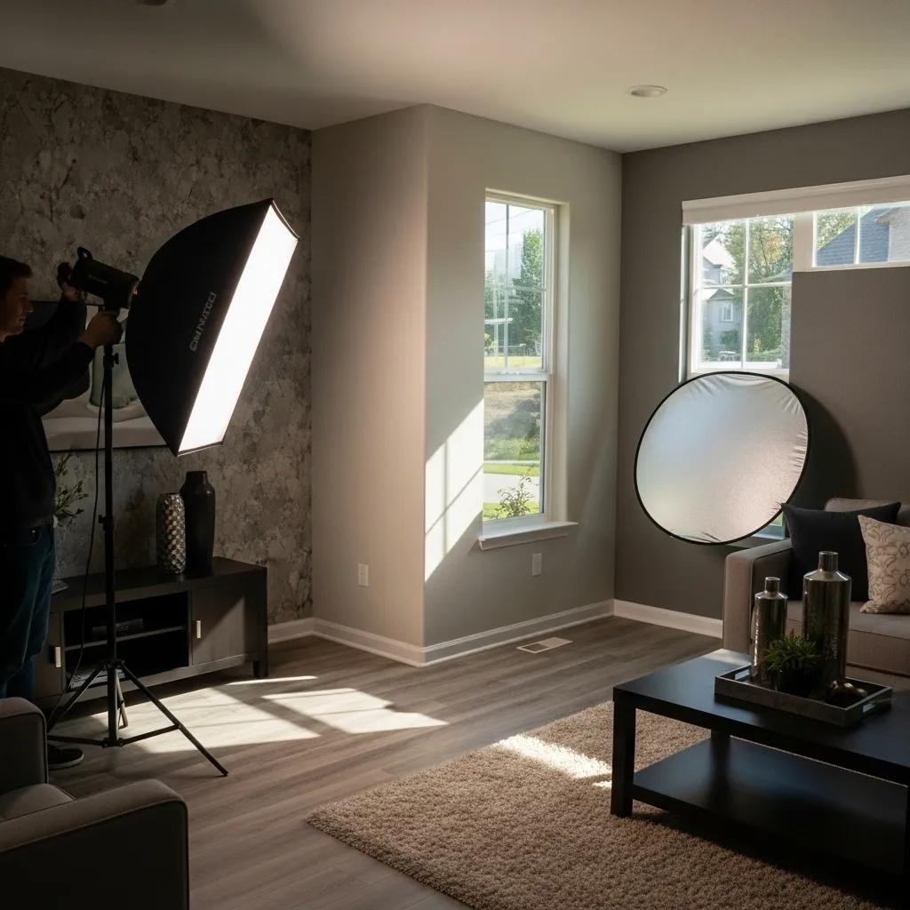 Photographer using softbox lighting techniques in real estate photography